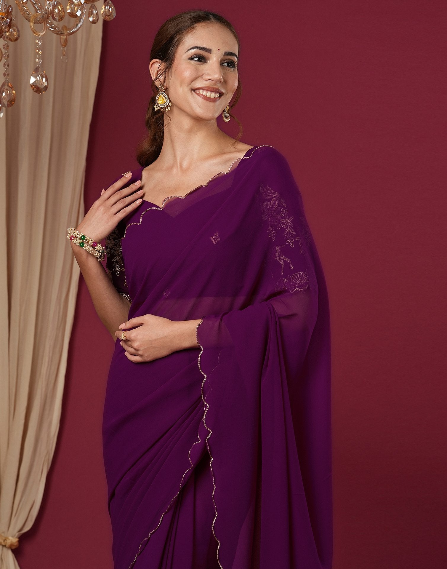Wine Georgette Dyed Plain Saree