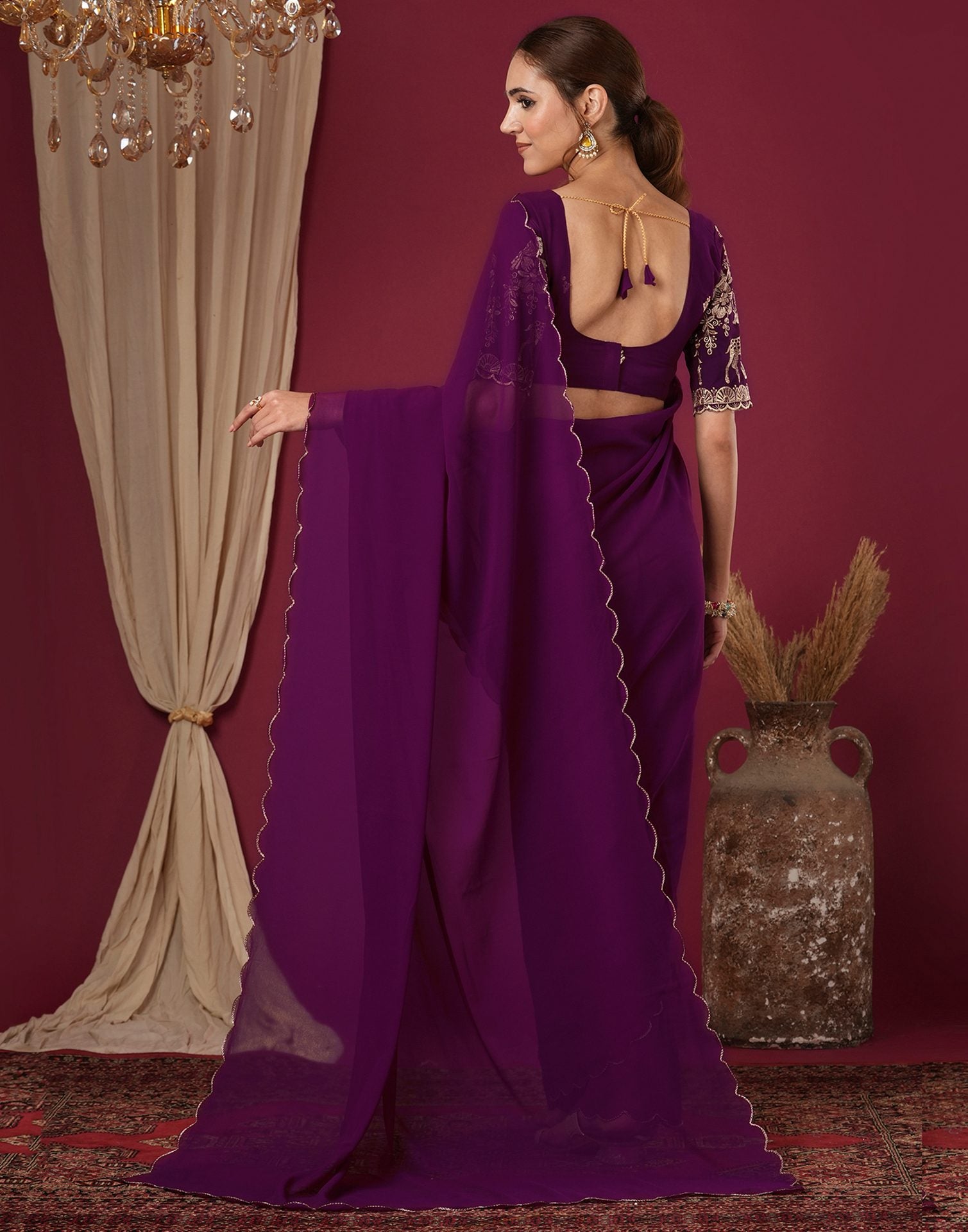 Wine Georgette Dyed Plain Saree