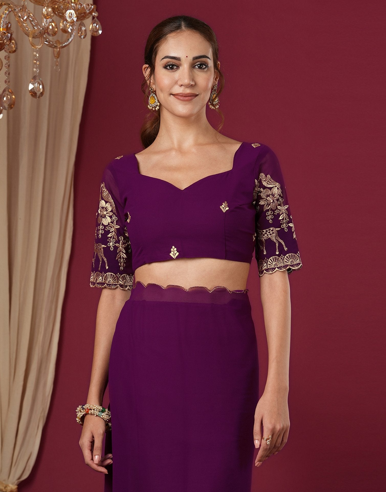 Wine Georgette Dyed Plain Saree
