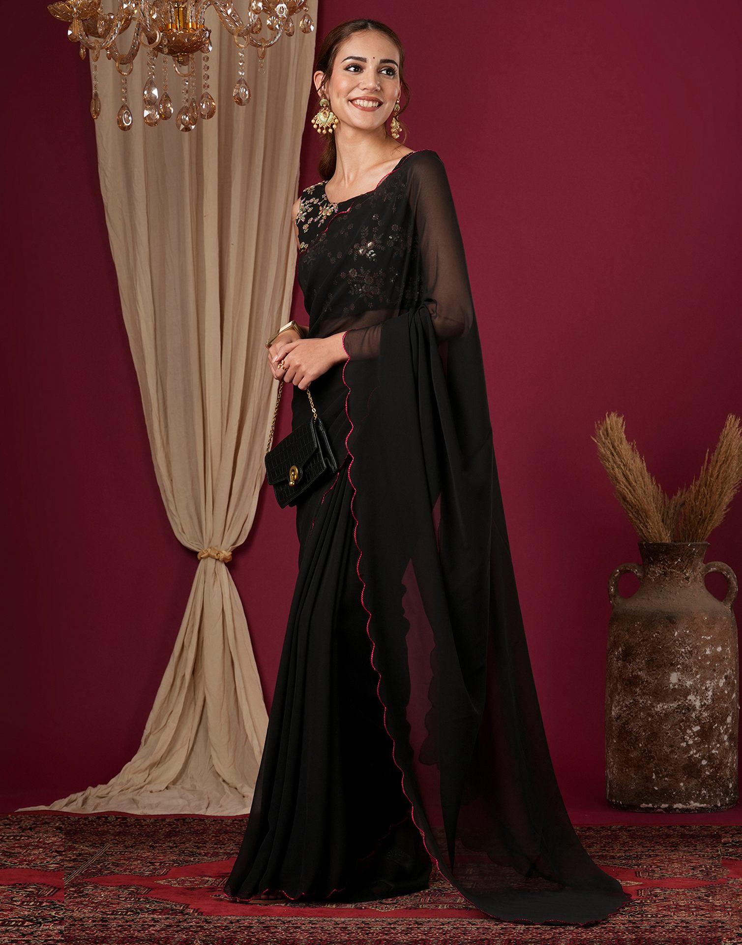 Black Georgette Dyed Plain Saree