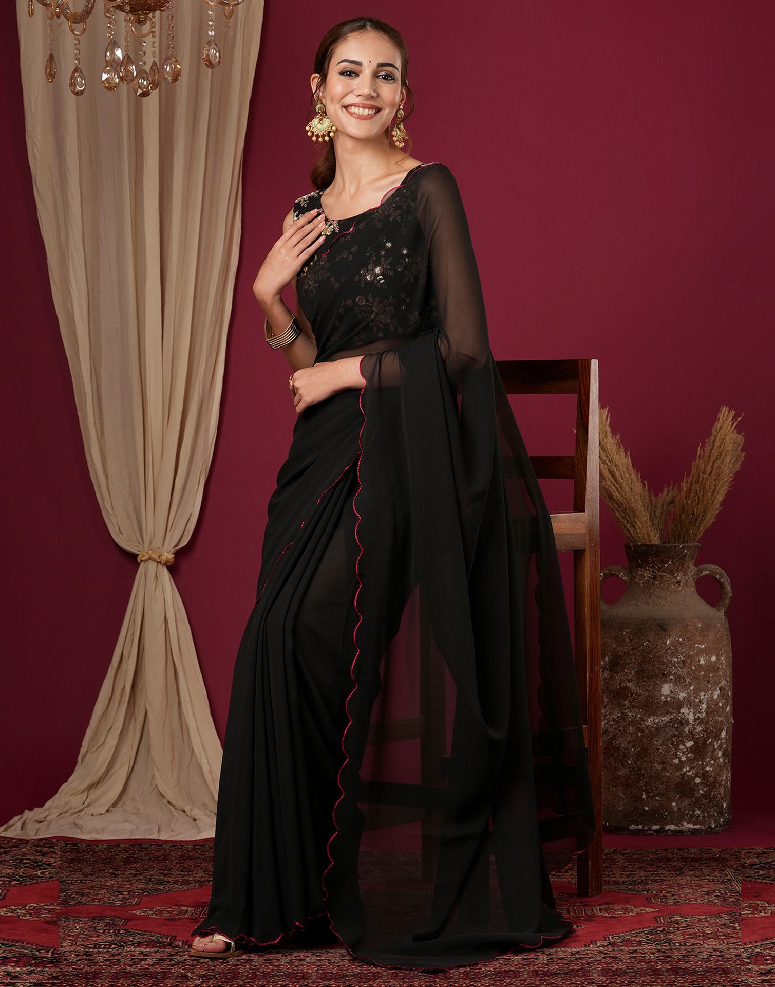 Black Georgette Dyed Plain Saree