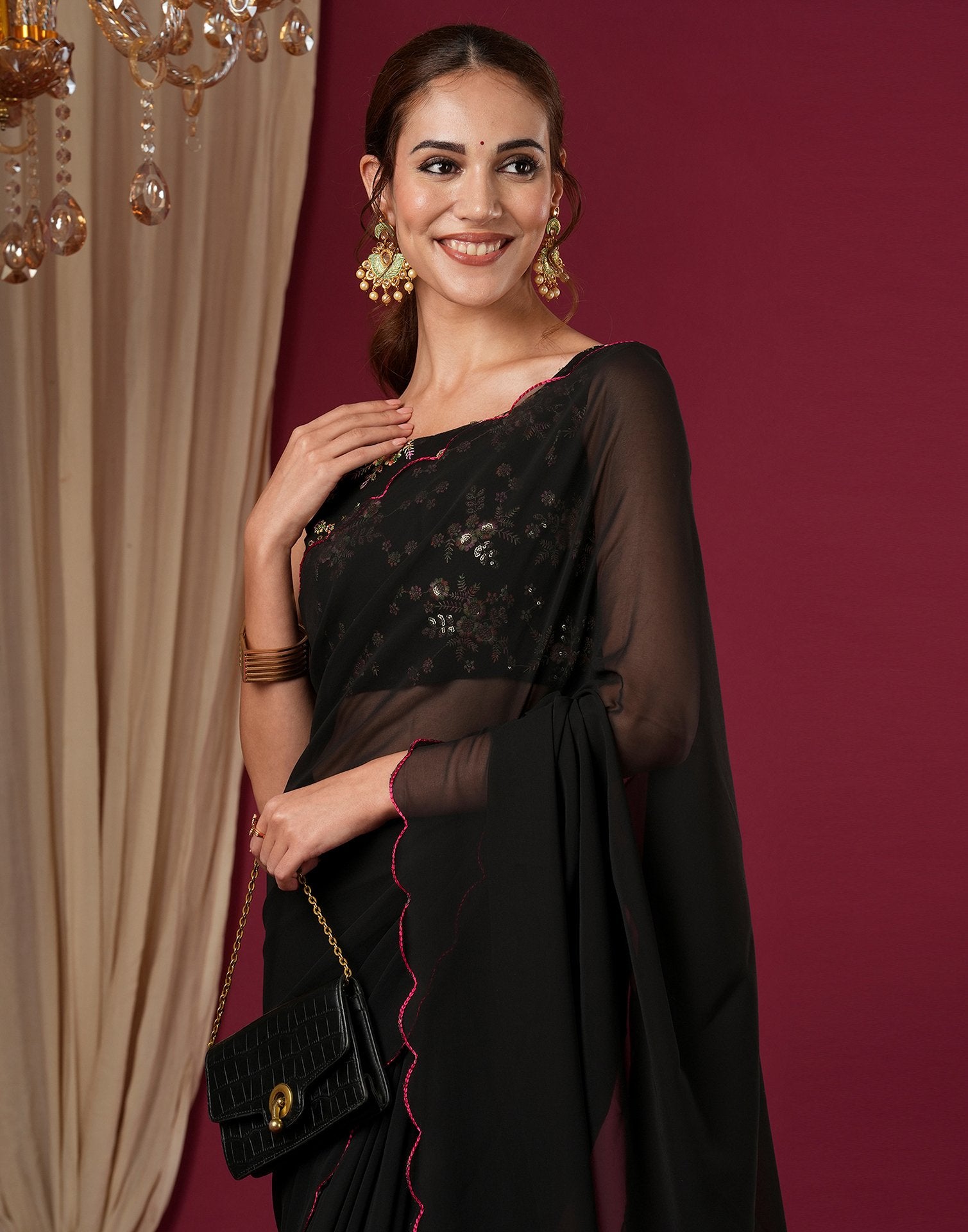 Black Georgette Dyed Plain Saree