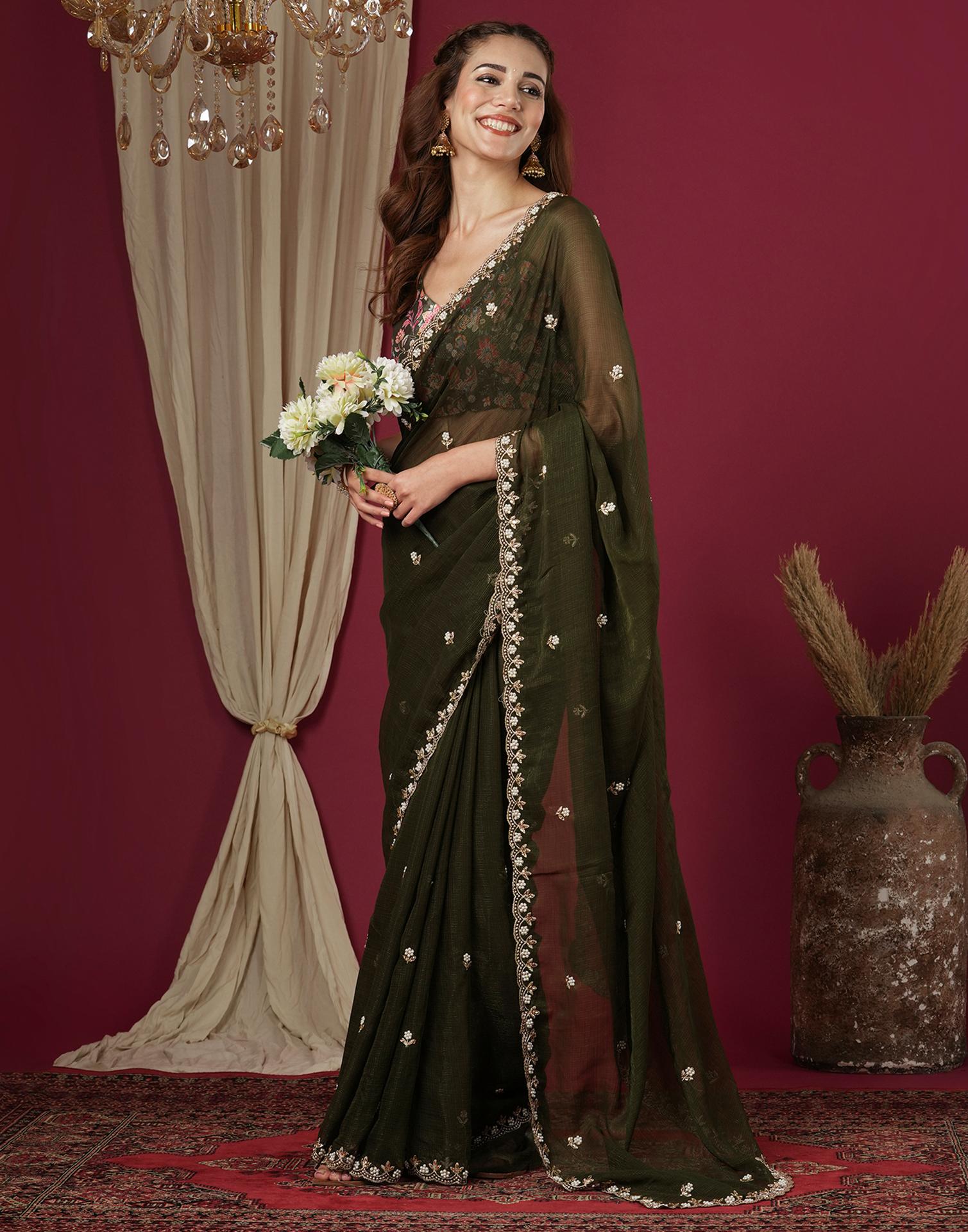 Mehndi Green Shimmer Pearl Work Embroidery Saree