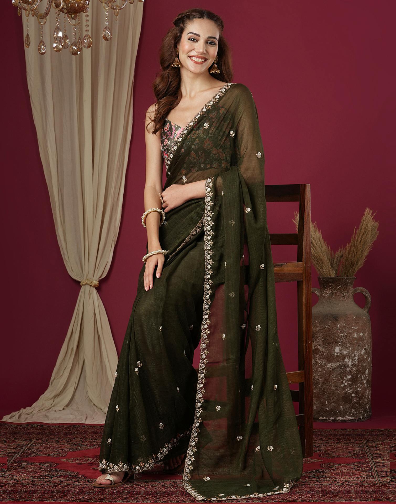 Mehndi Green Shimmer Pearl Work Embroidery Saree