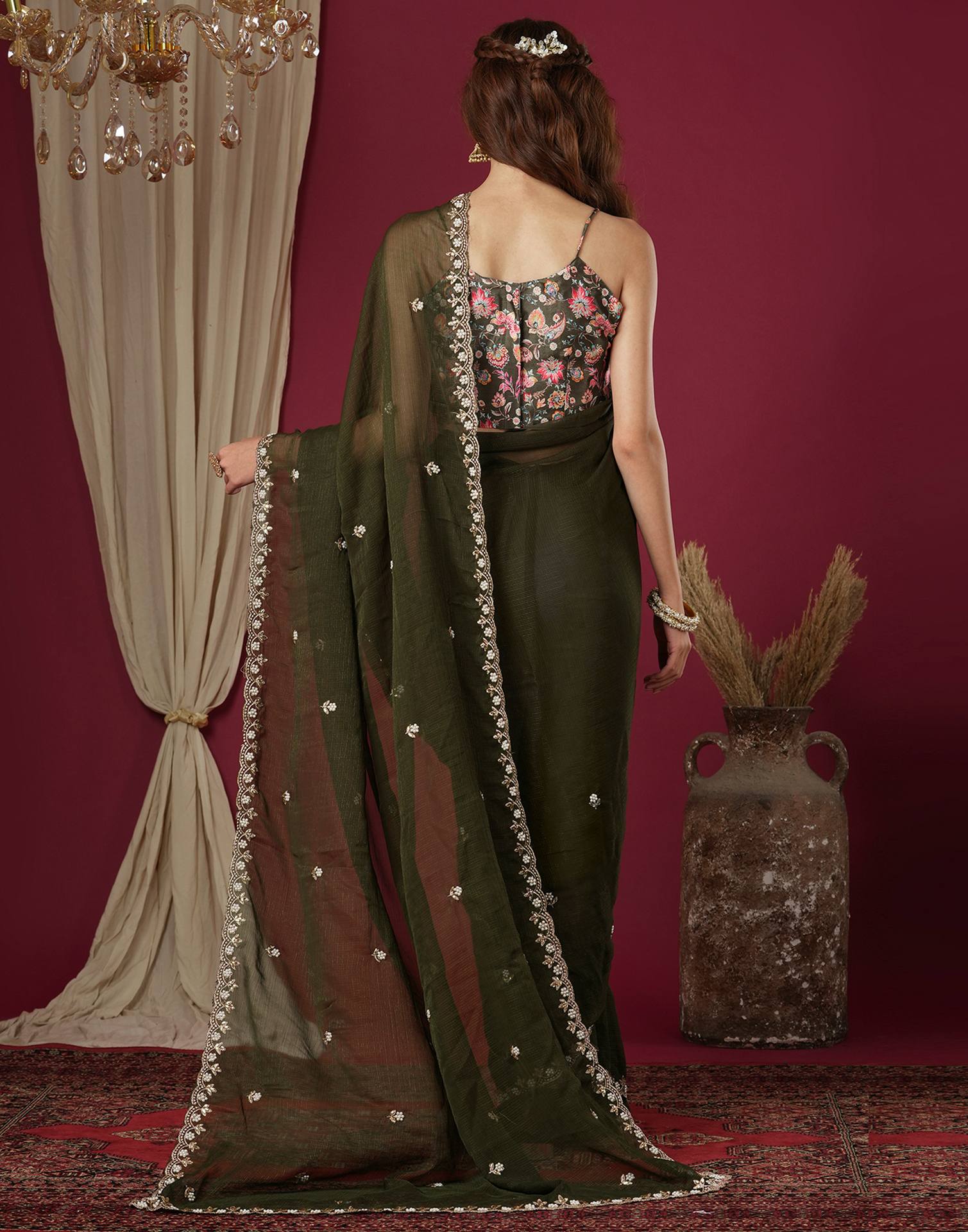 Mehndi Green Shimmer Pearl Work Embroidery Saree