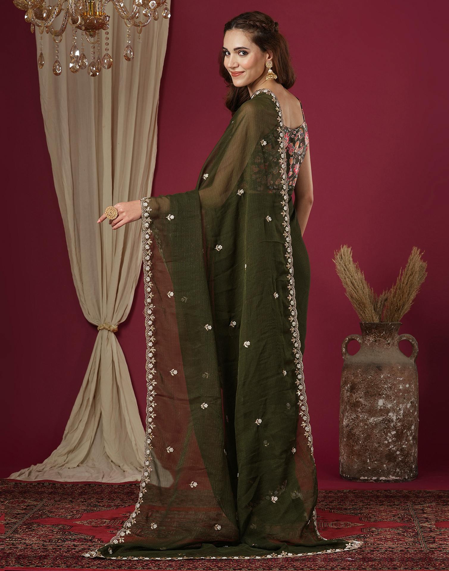 Mehndi Green Shimmer Pearl Work Embroidery Saree