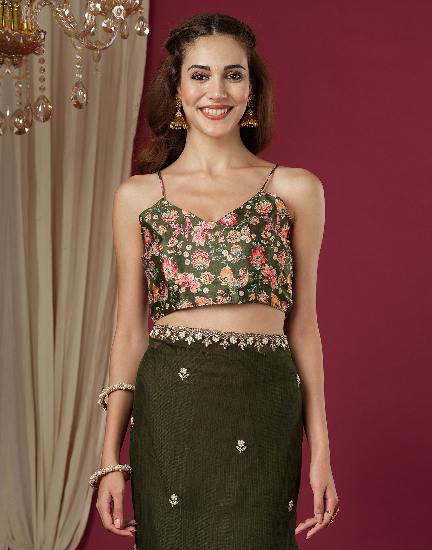 Mehndi Green Shimmer Pearl Work Embroidery Saree