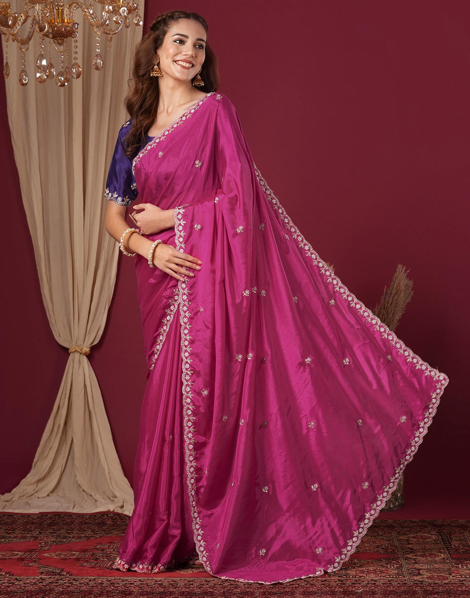 Pink Shimmer Pearl Work Embroidery Saree
