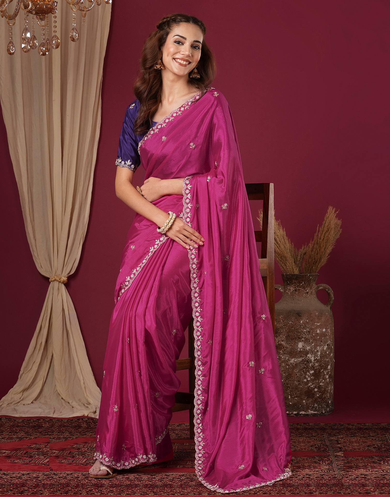 Pink Shimmer Pearl Work Embroidery Saree