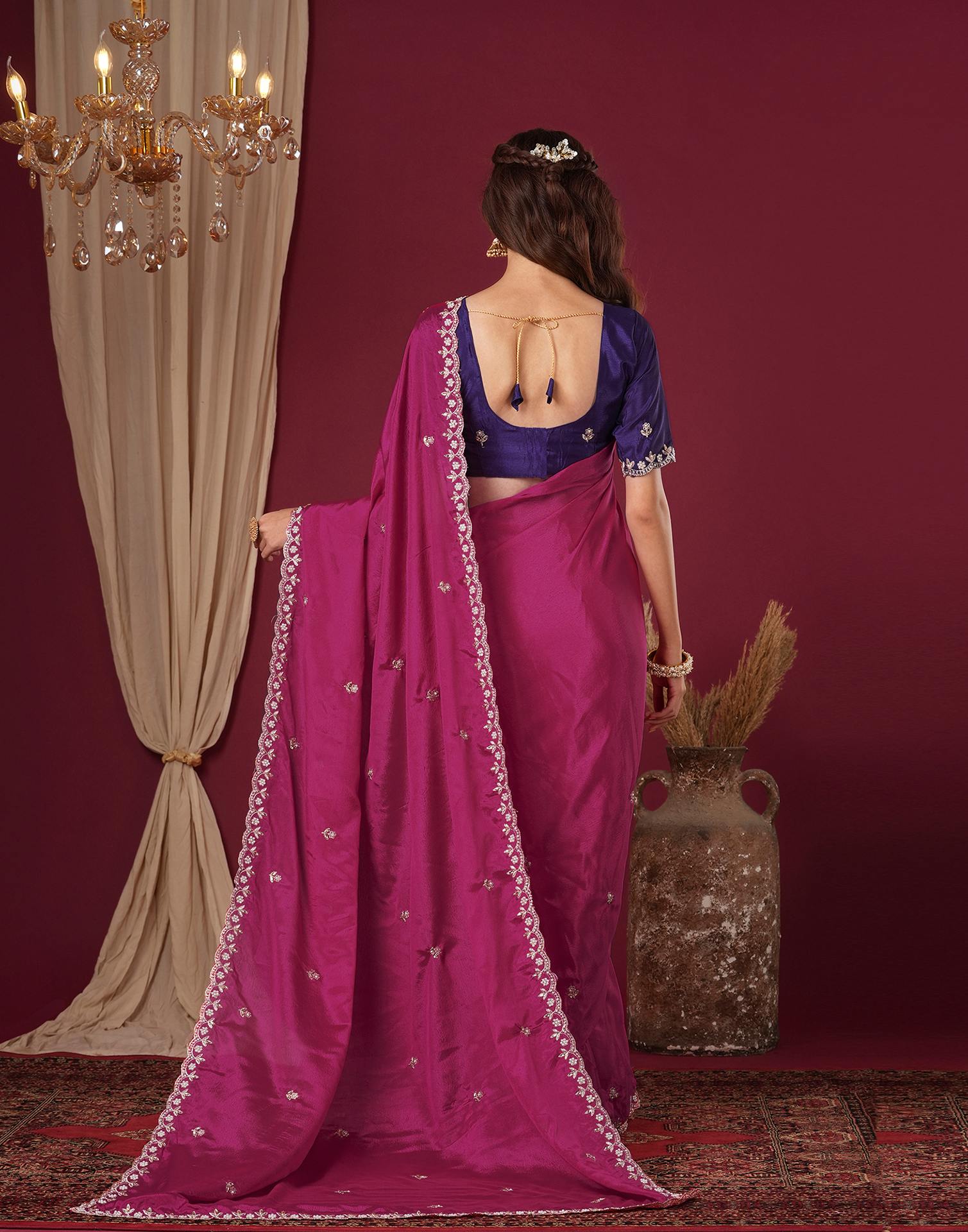 Pink Shimmer Pearl Work Embroidery Saree