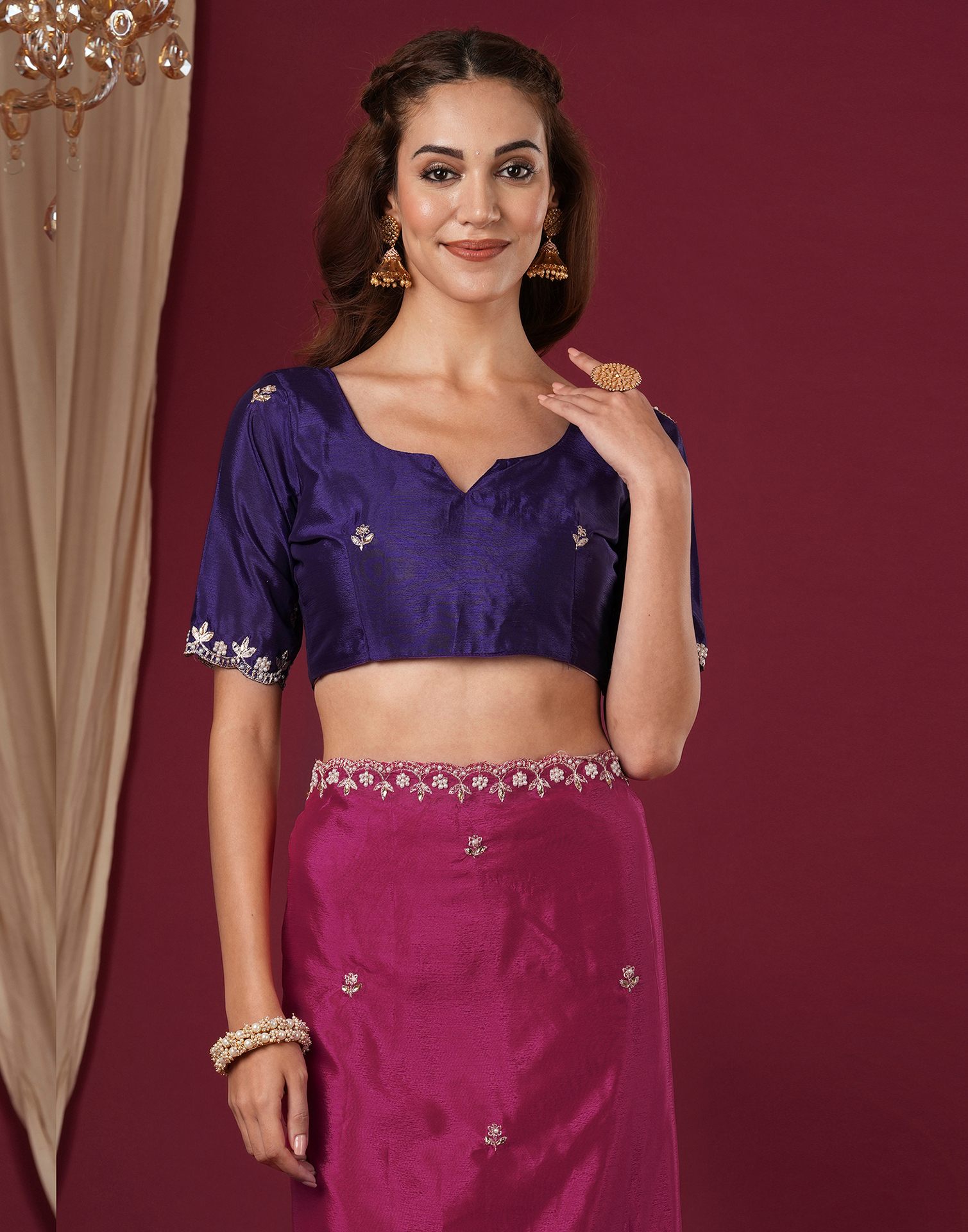 Pink Shimmer Pearl Work Embroidery Saree