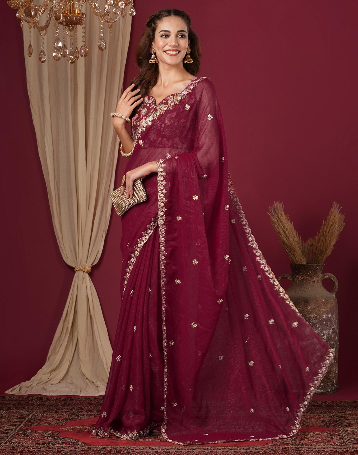 Burgundy Shimmer Pearl Work Embroidery Saree