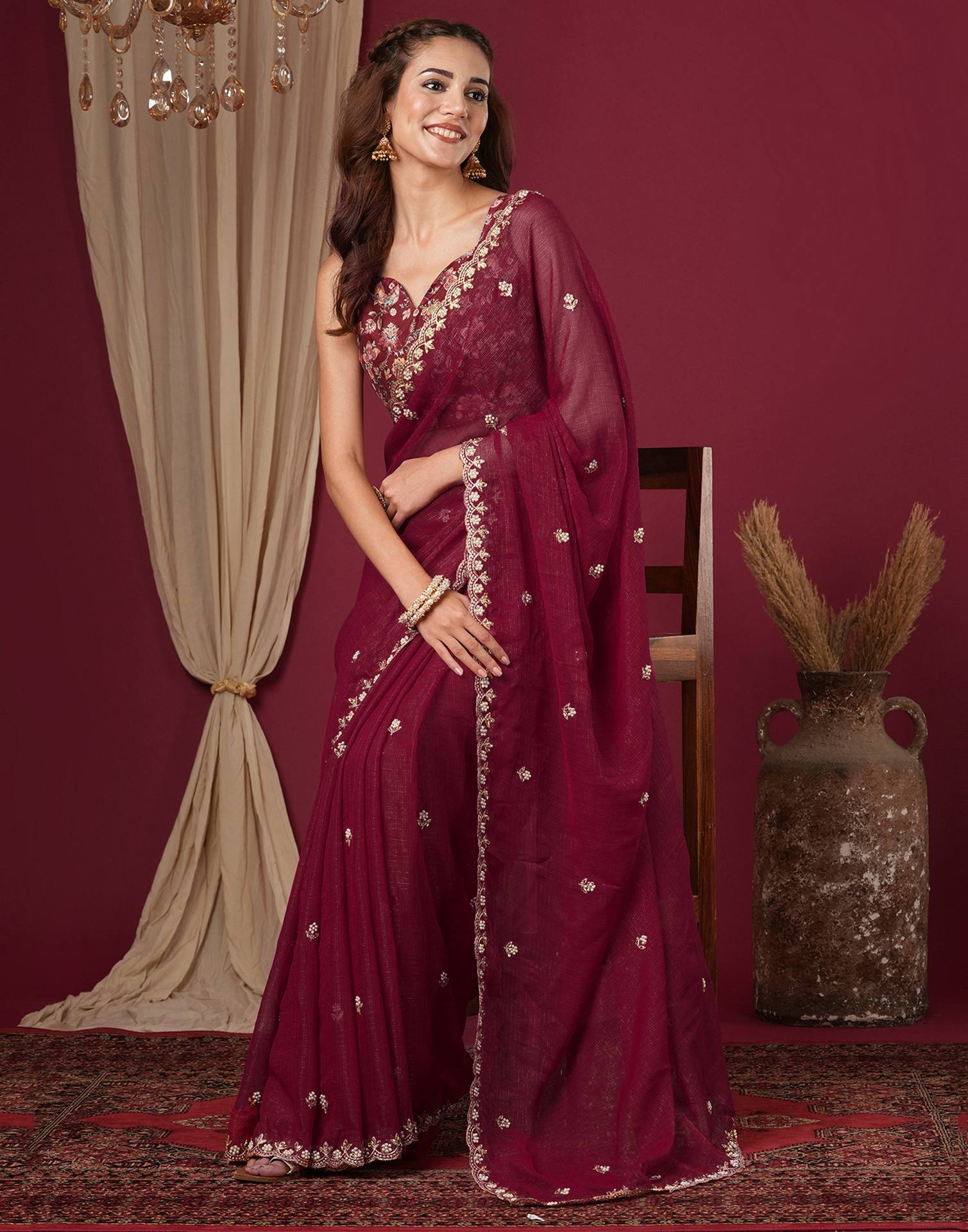 Burgundy Shimmer Pearl Work Embroidery Saree