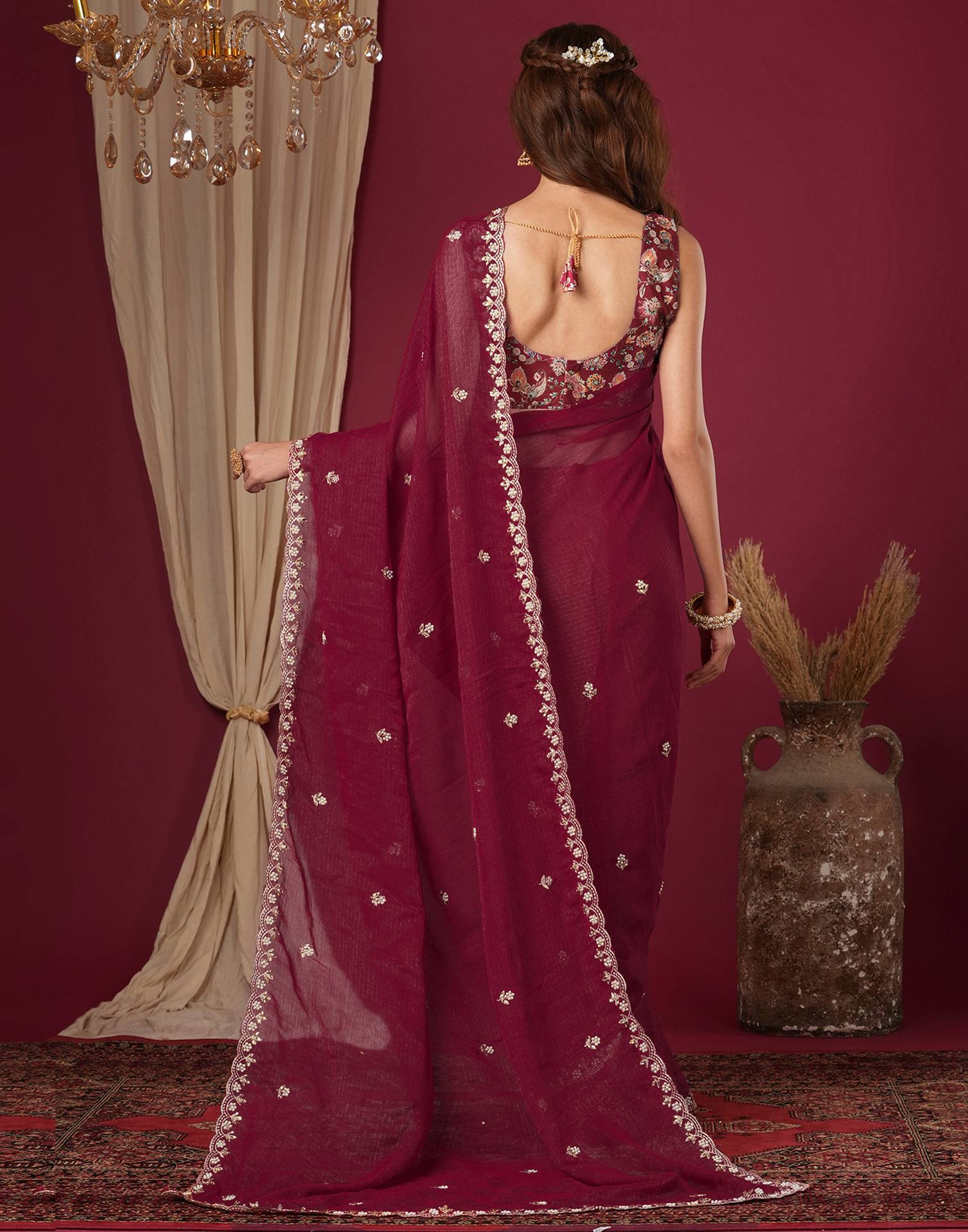 Burgundy Shimmer Pearl Work Embroidery Saree