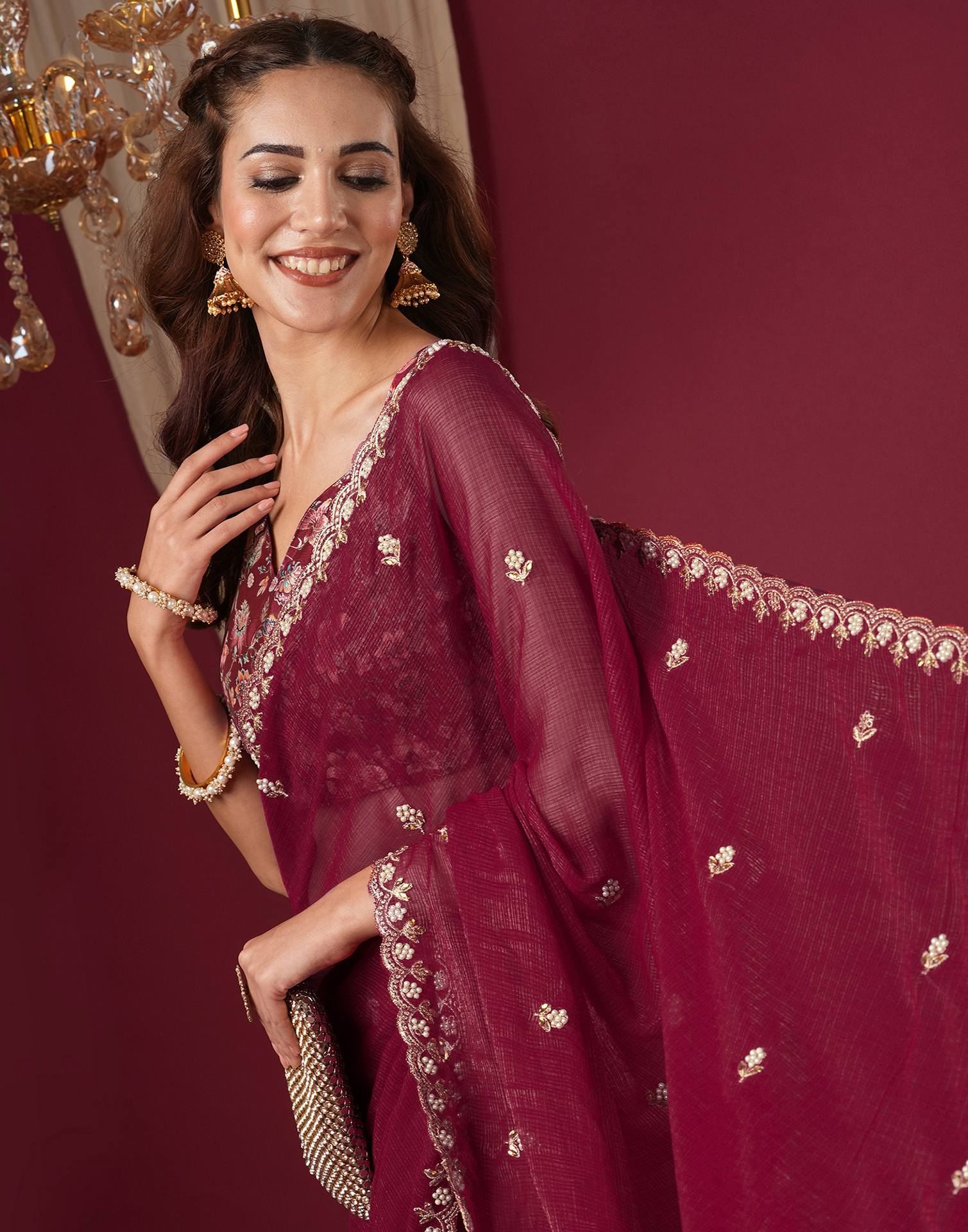 Burgundy Shimmer Pearl Work Embroidery Saree