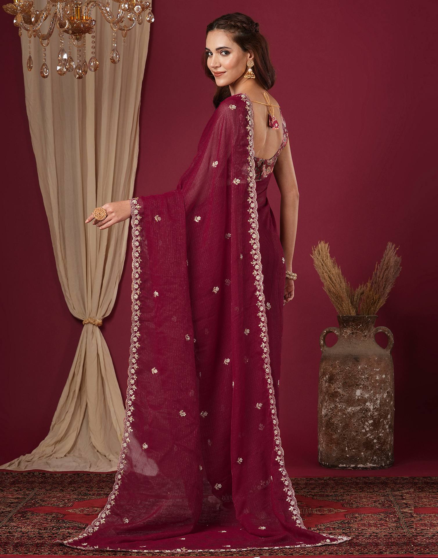 Burgundy Shimmer Pearl Work Embroidery Saree