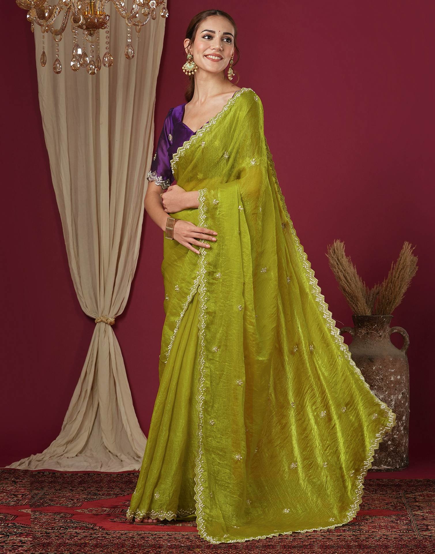 Lime Green Shimmer Pearl Work Embroidery Saree