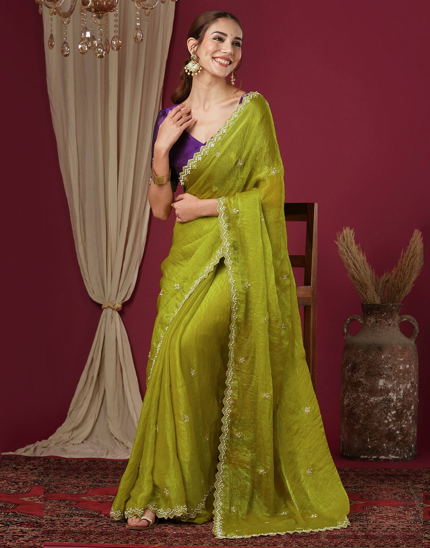 Lime Green Shimmer Pearl Work Embroidery Saree