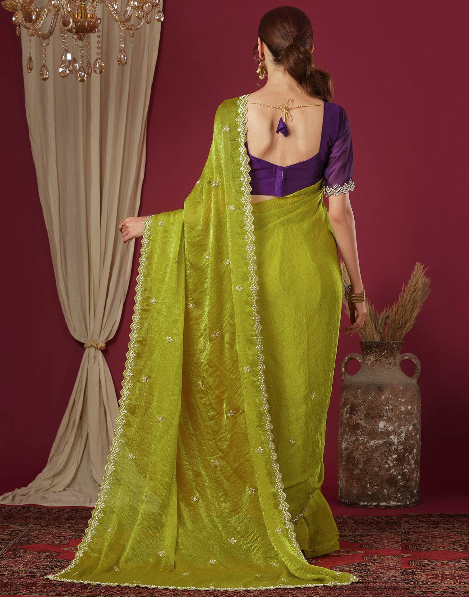 Lime Green Shimmer Pearl Work Embroidery Saree