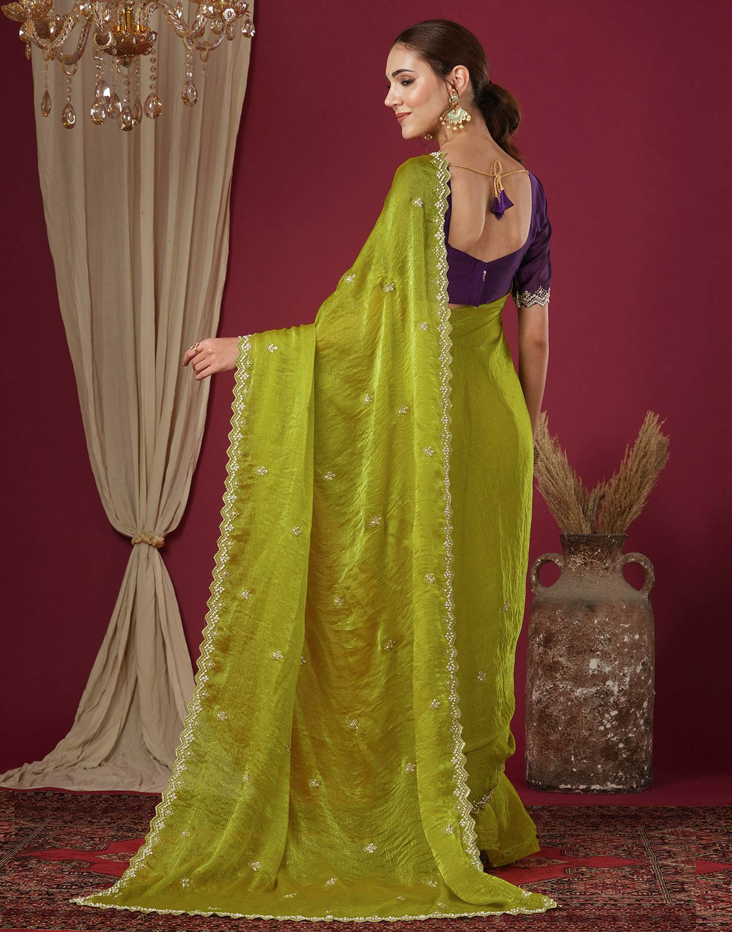 Lime Green Shimmer Pearl Work Embroidery Saree