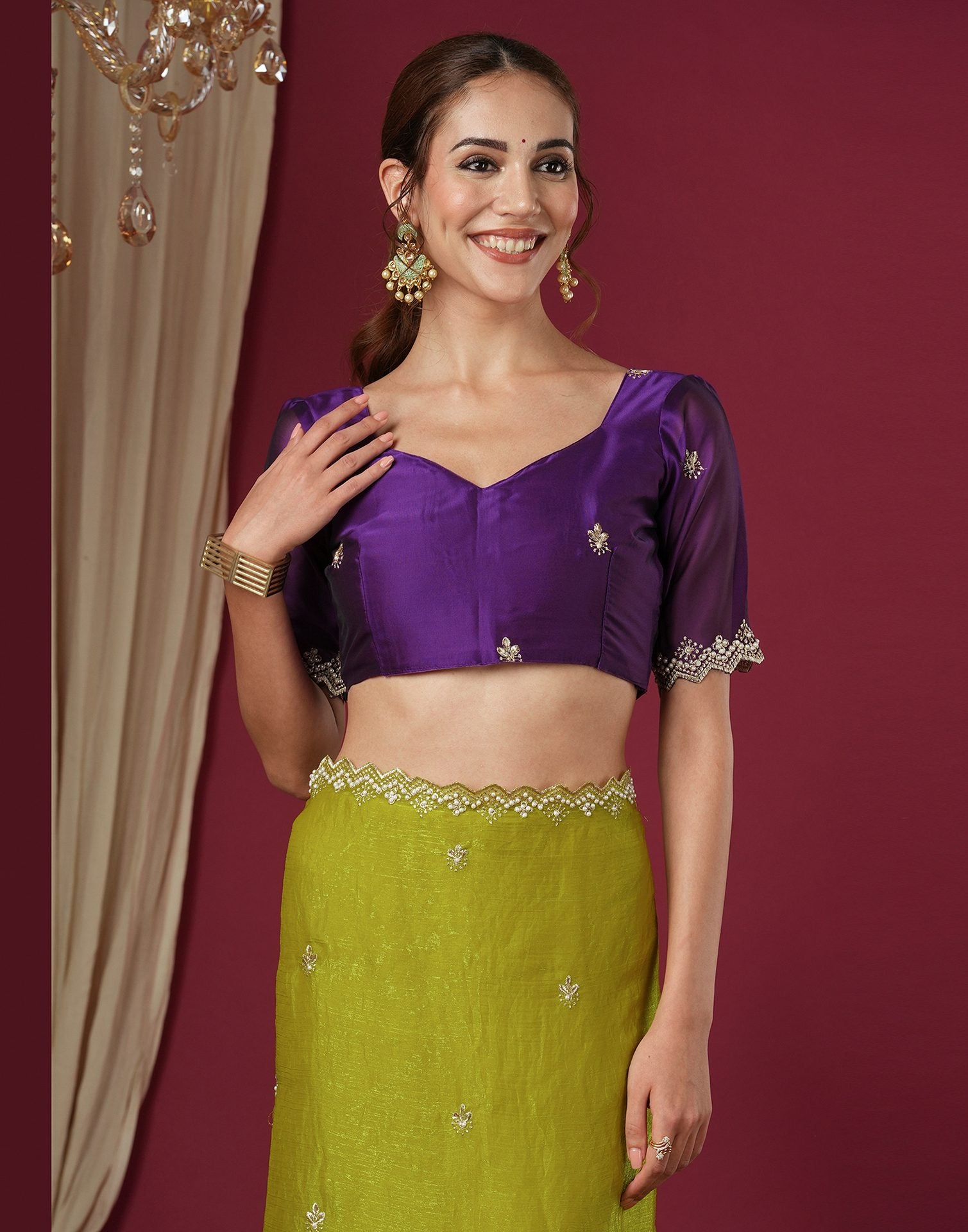 Lime Green Shimmer Pearl Work Embroidery Saree