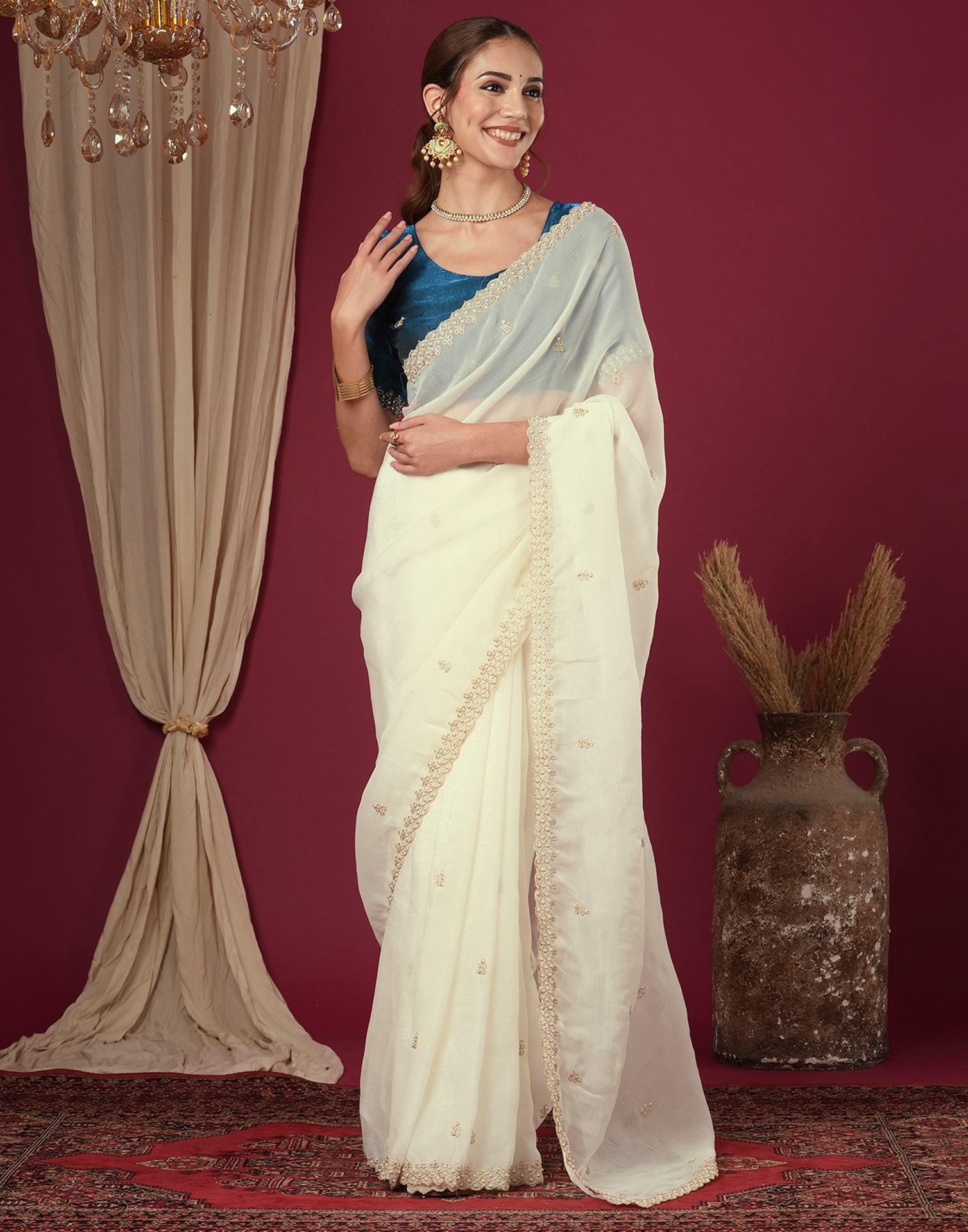 Cream Shimmer Pearl Work Embroidery Saree