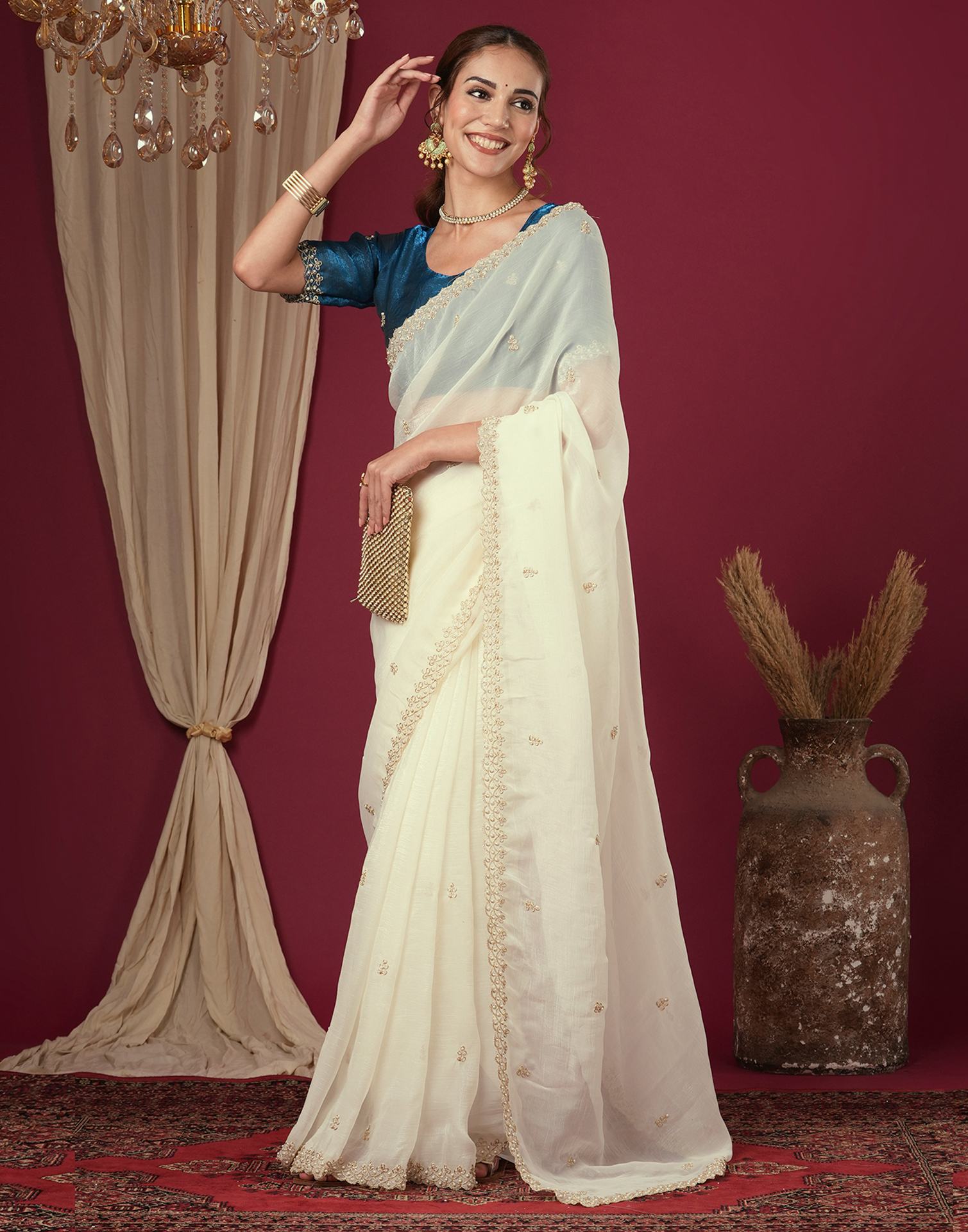 Cream Shimmer Pearl Work Embroidery Saree