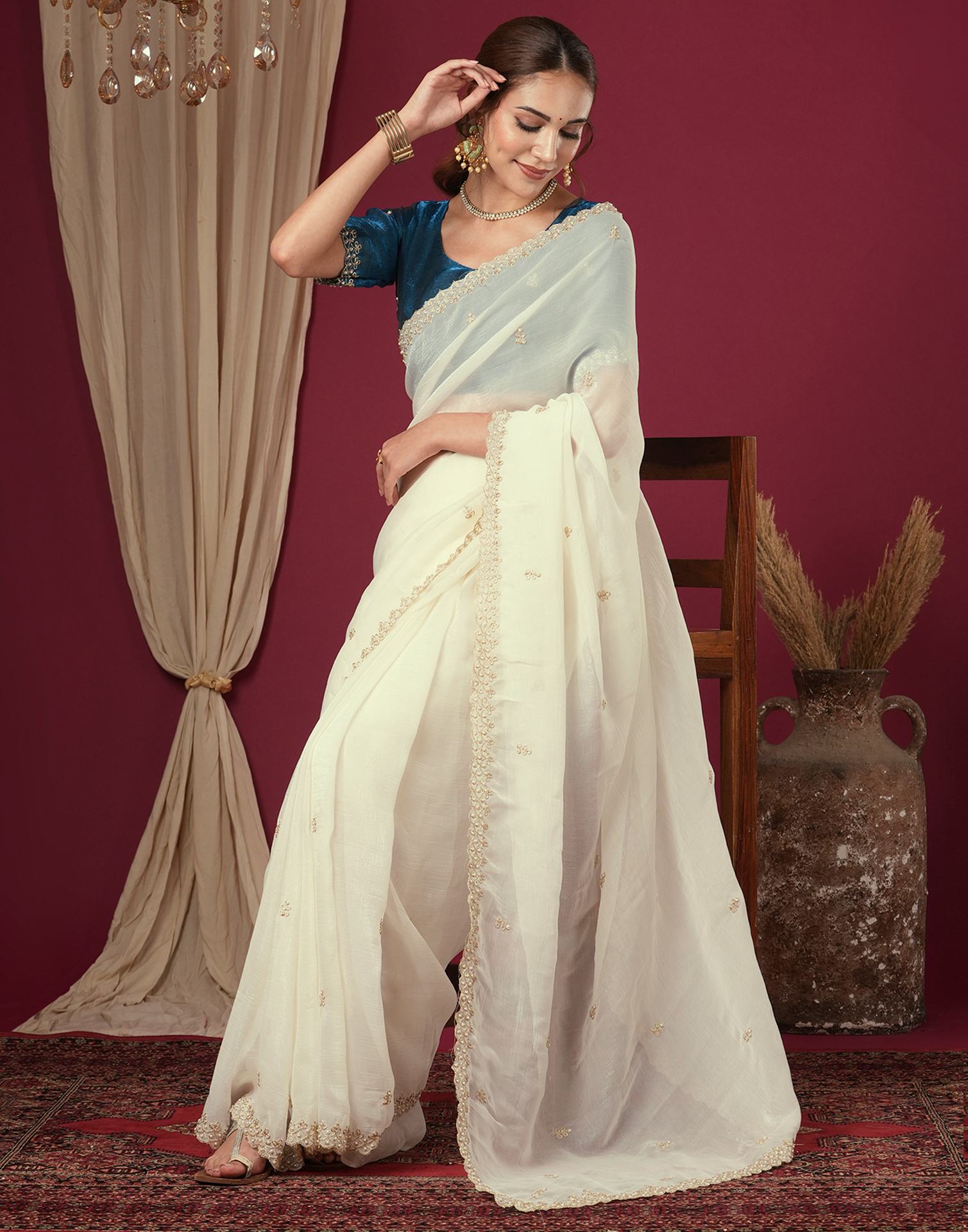 Cream Shimmer Pearl Work Embroidery Saree