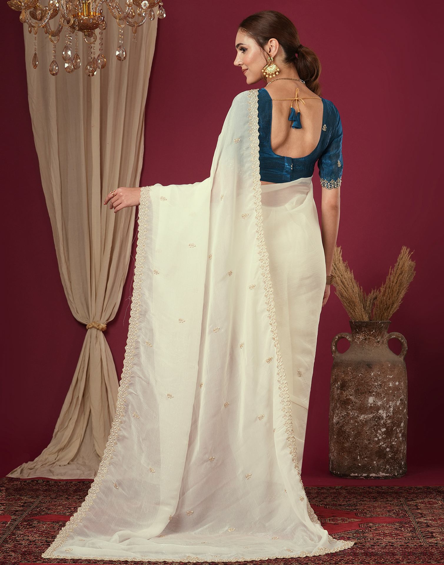 Cream Shimmer Pearl Work Embroidery Saree