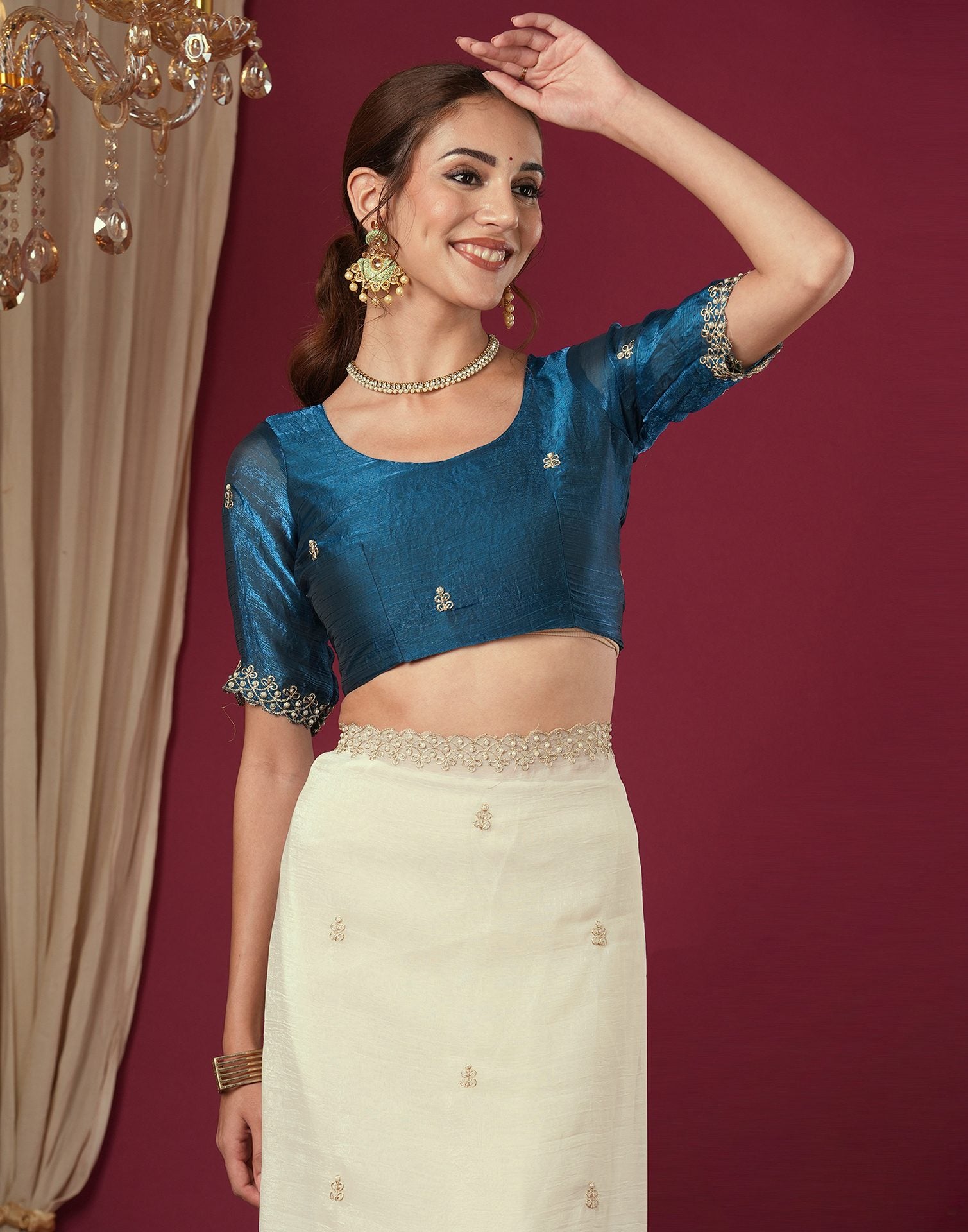 Cream Shimmer Pearl Work Embroidery Saree