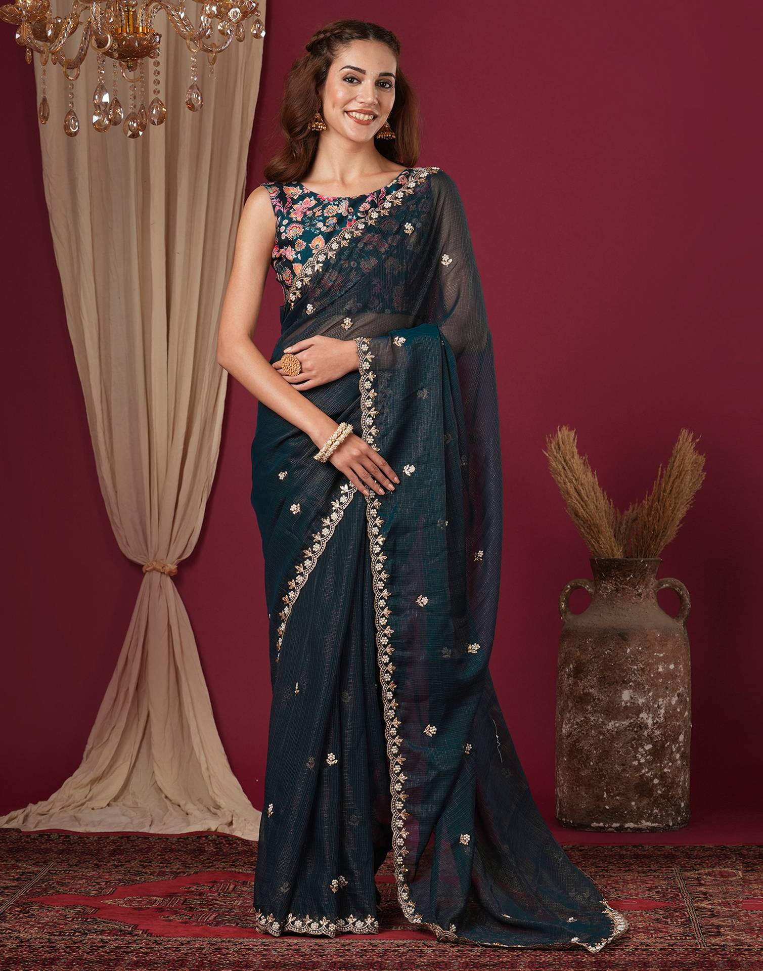 Rama Green Shimmer Pearl Work Embroidery Saree
