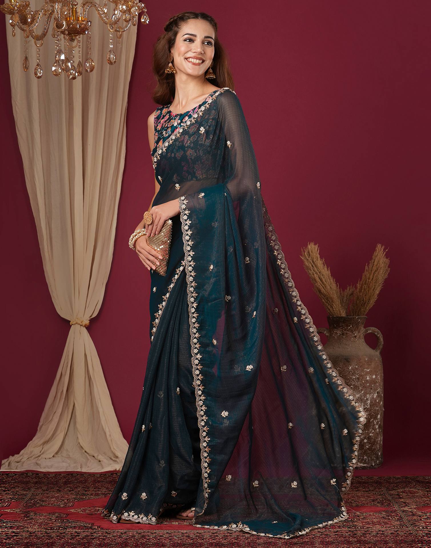 Rama Green Shimmer Pearl Work Embroidery Saree