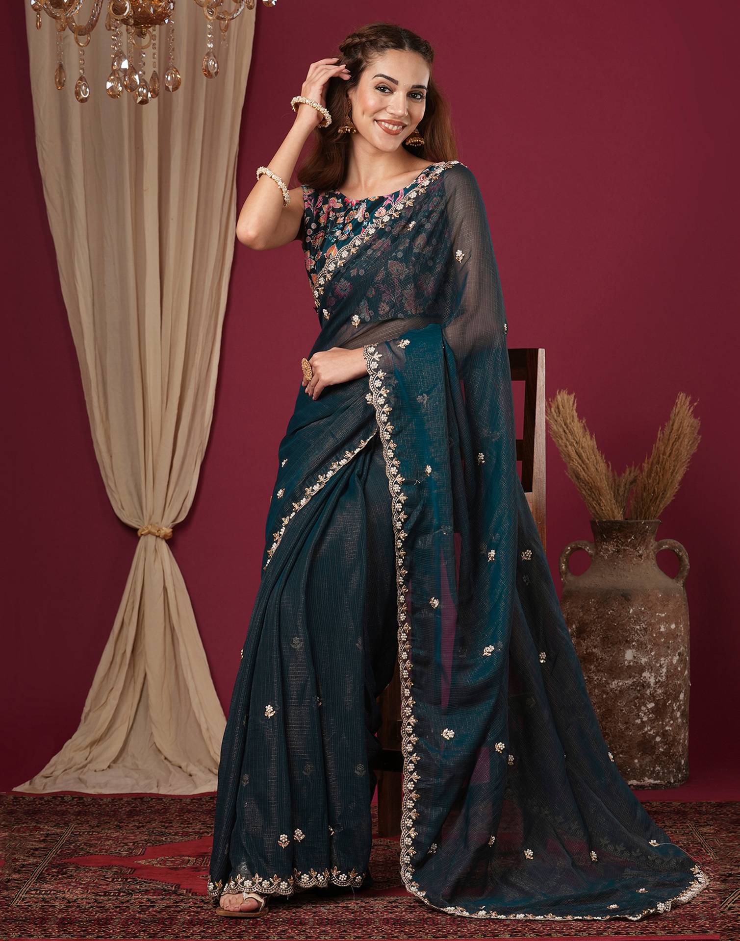 Rama Green Shimmer Pearl Work Embroidery Saree