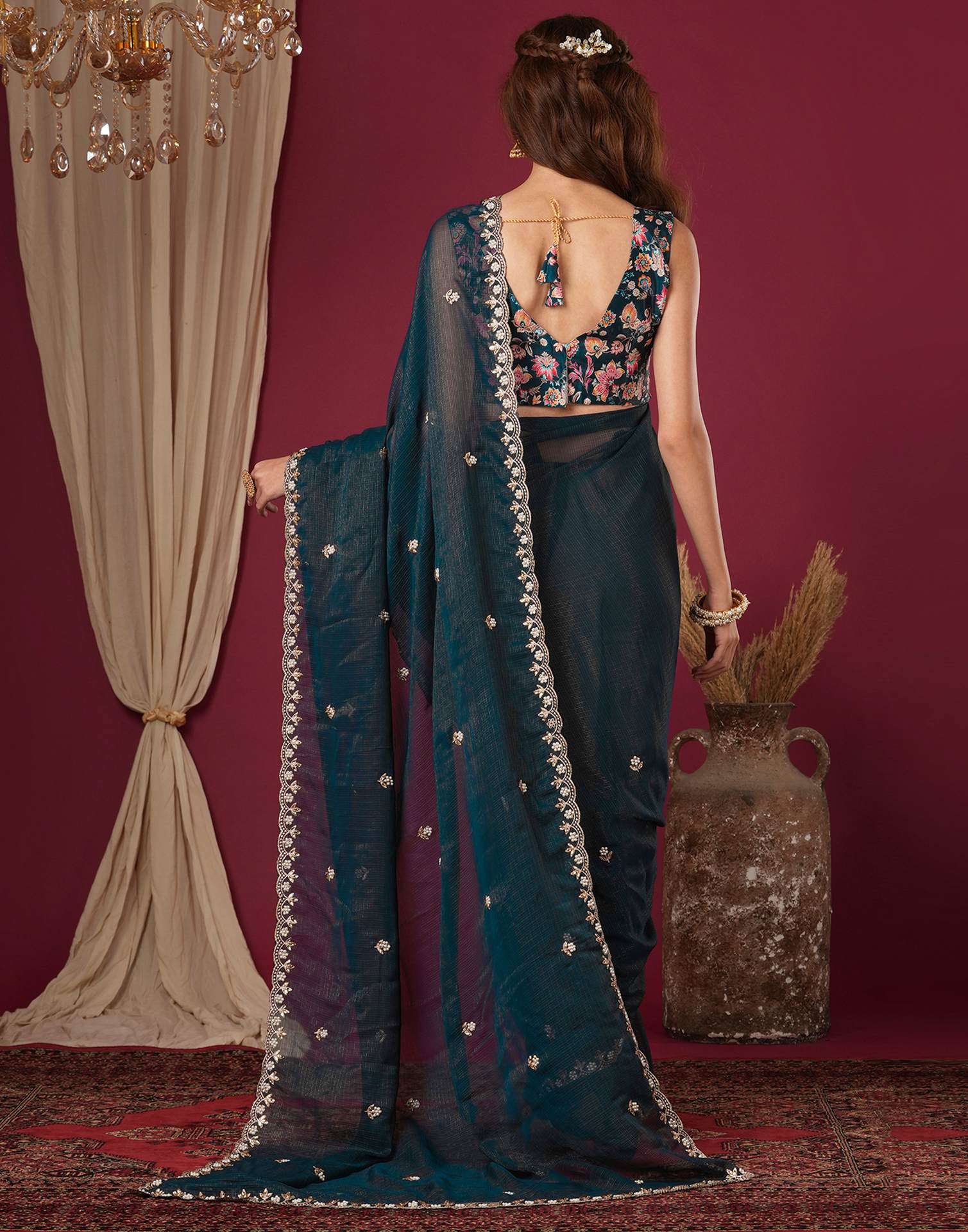 Rama Green Shimmer Pearl Work Embroidery Saree