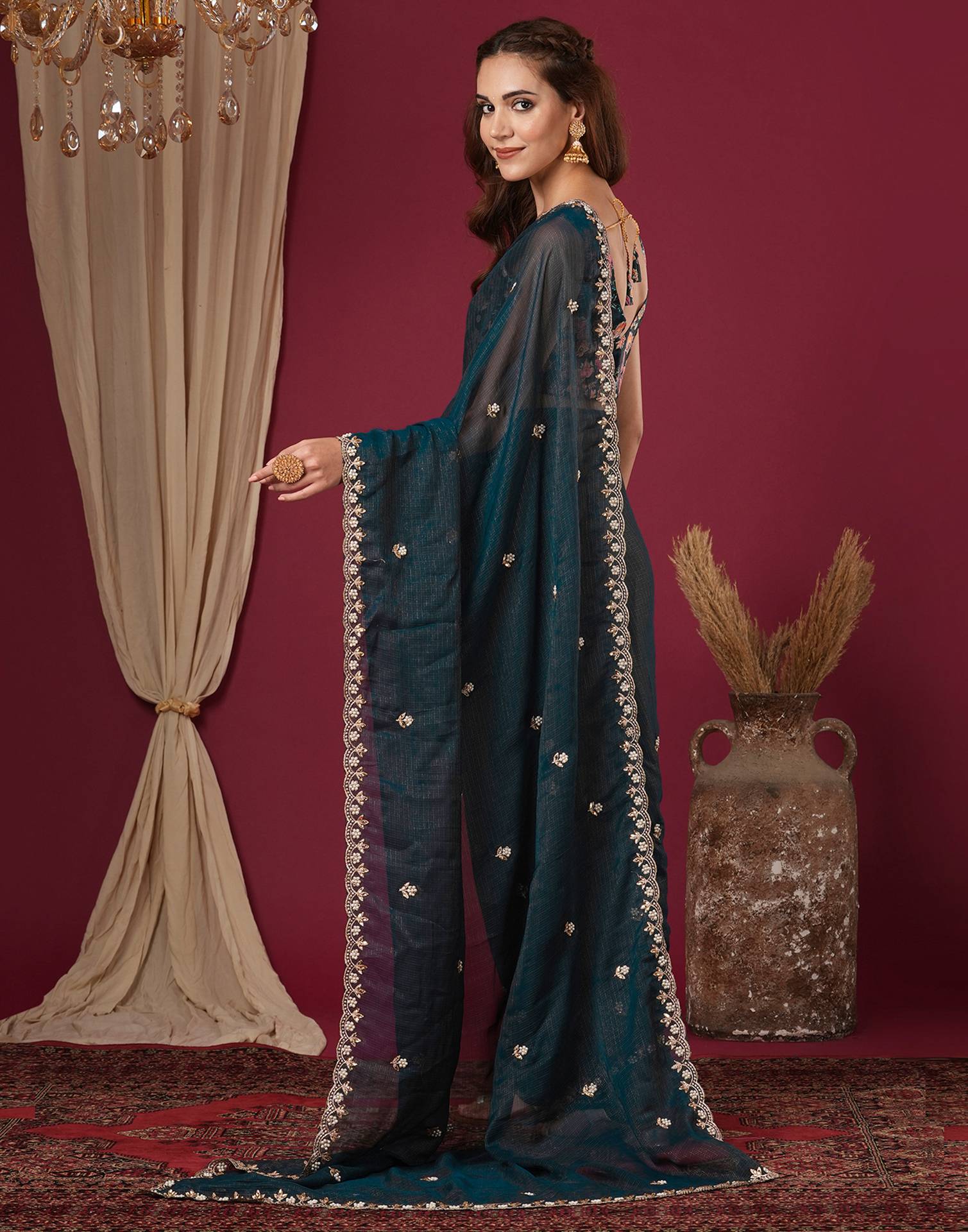 Rama Green Shimmer Pearl Work Embroidery Saree
