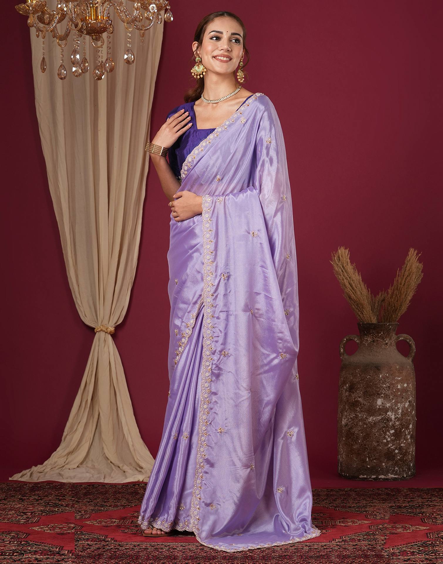 Lavender Shimmer Pearl Work Embroidery Saree