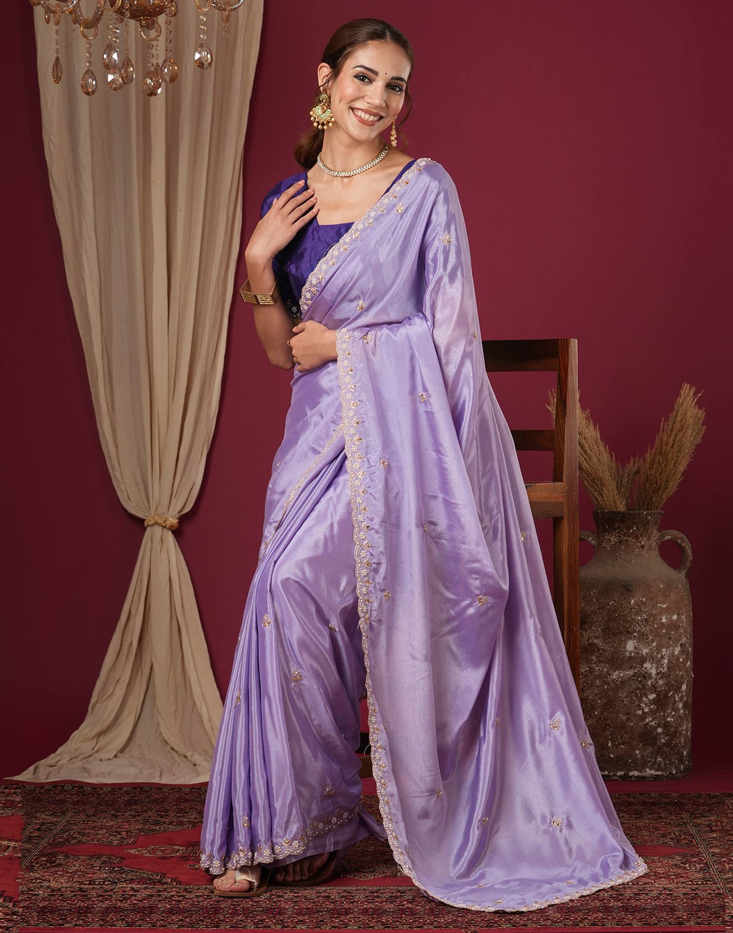 Lavender Shimmer Pearl Work Embroidery Saree