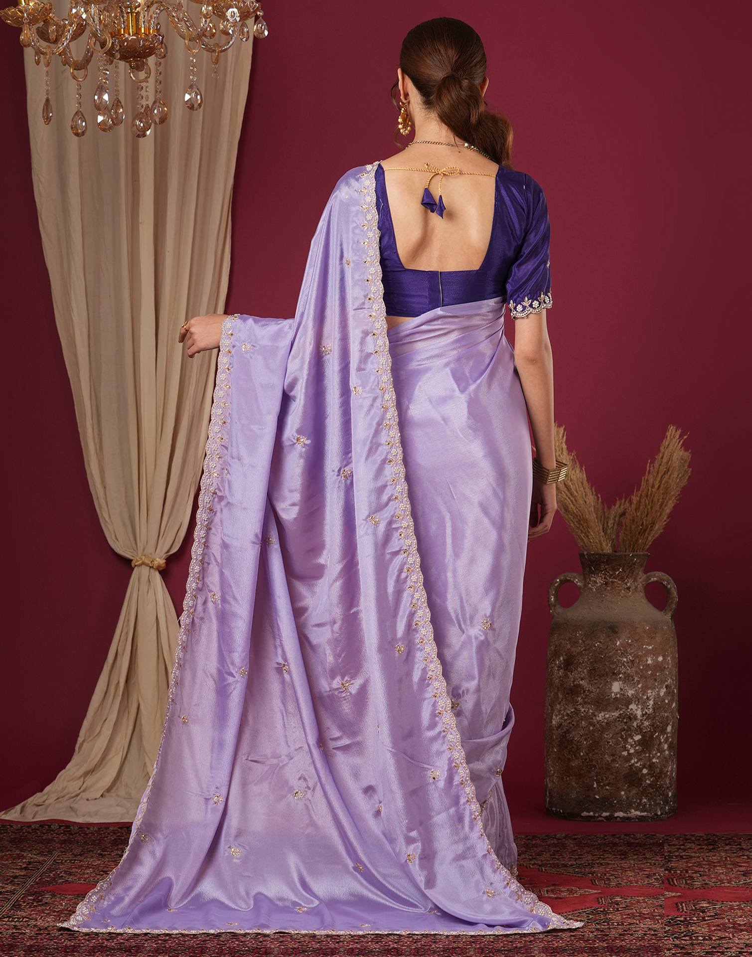 Lavender Shimmer Pearl Work Embroidery Saree
