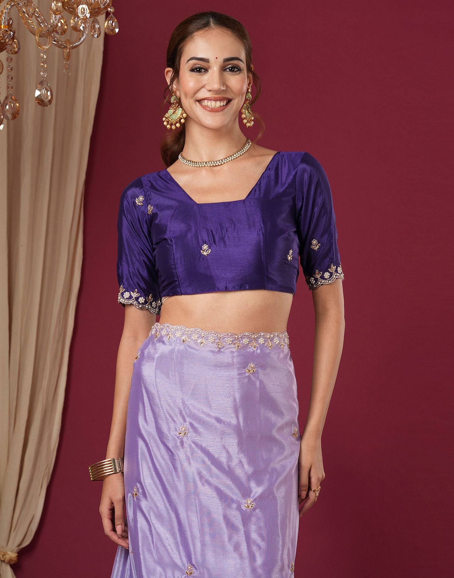 Lavender Shimmer Pearl Work Embroidery Saree