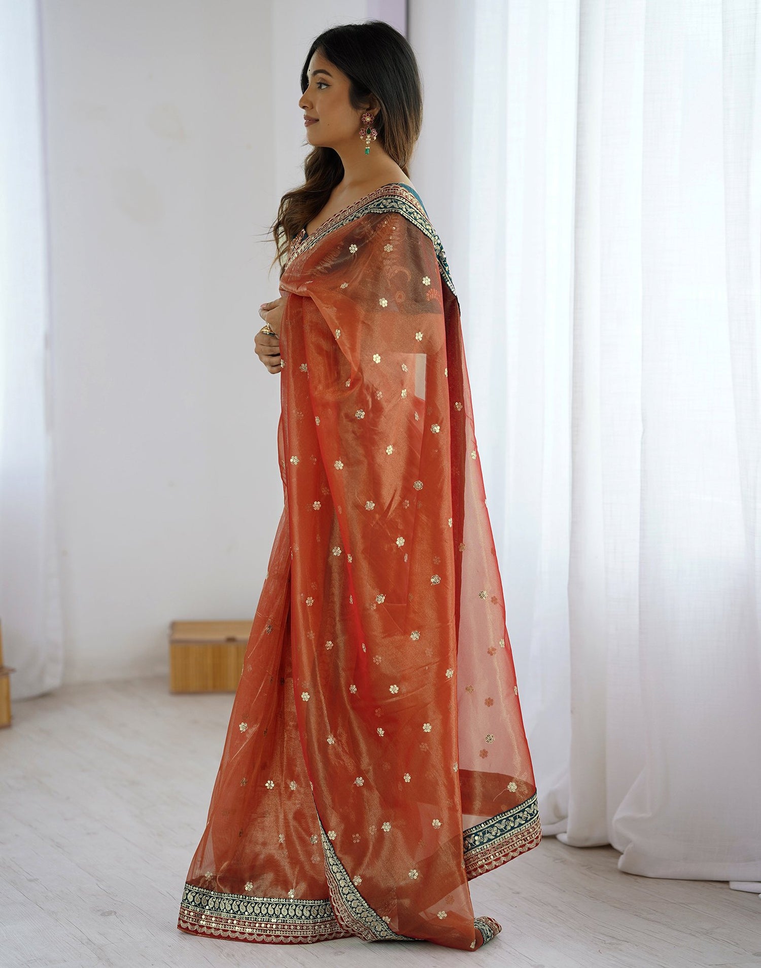 Red Shimmer Net Sequence Saree