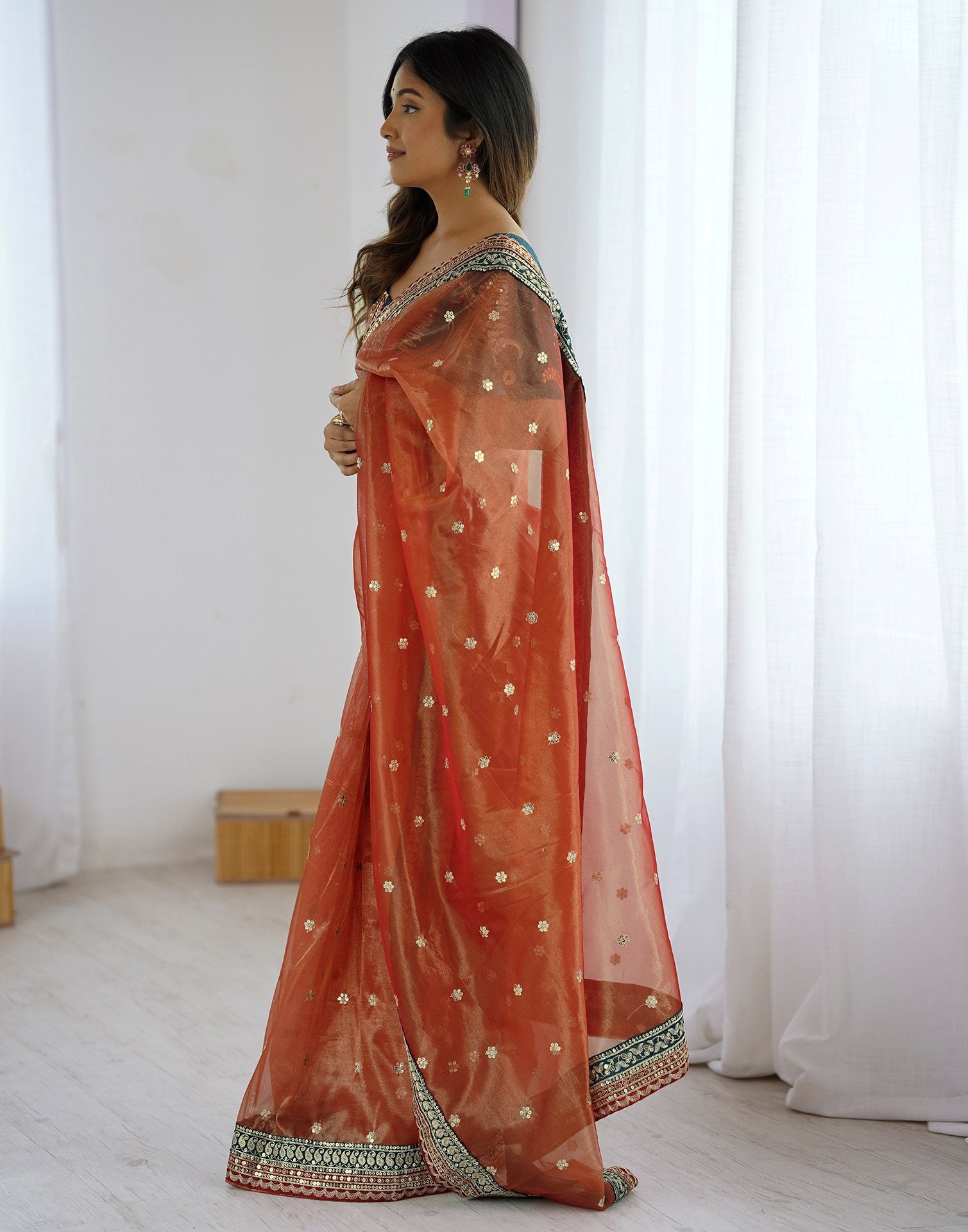 Red Shimmer Net Sequence Saree