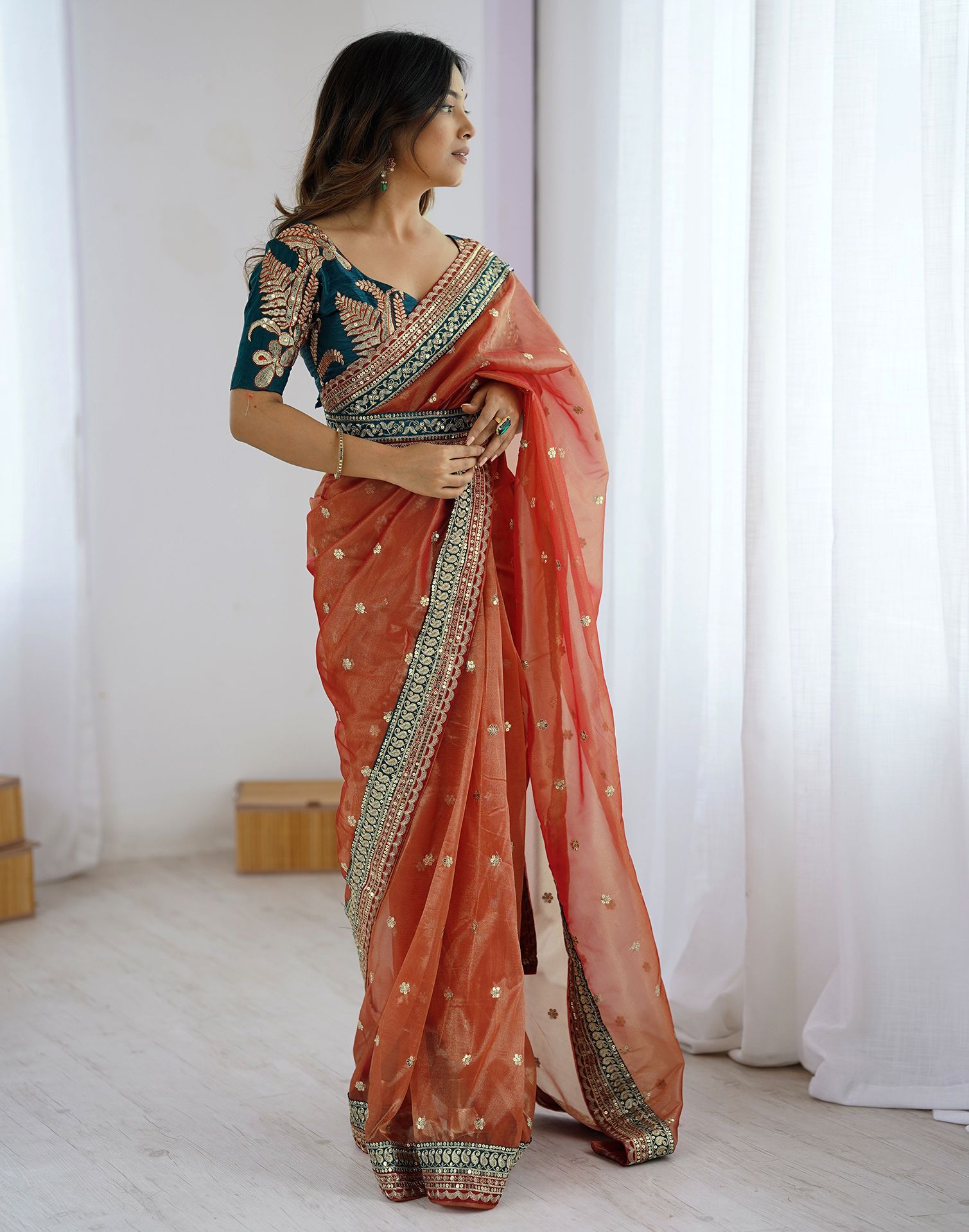 Red Shimmer Net Sequence Saree