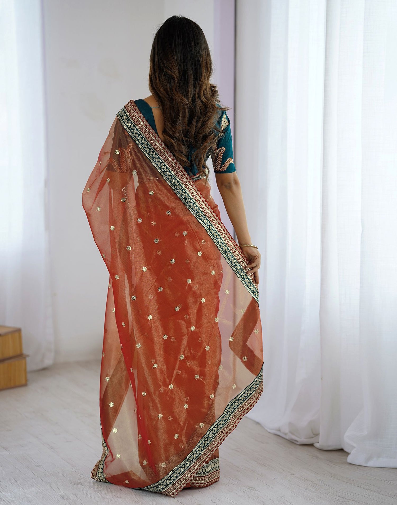 Red Shimmer Net Sequence Saree