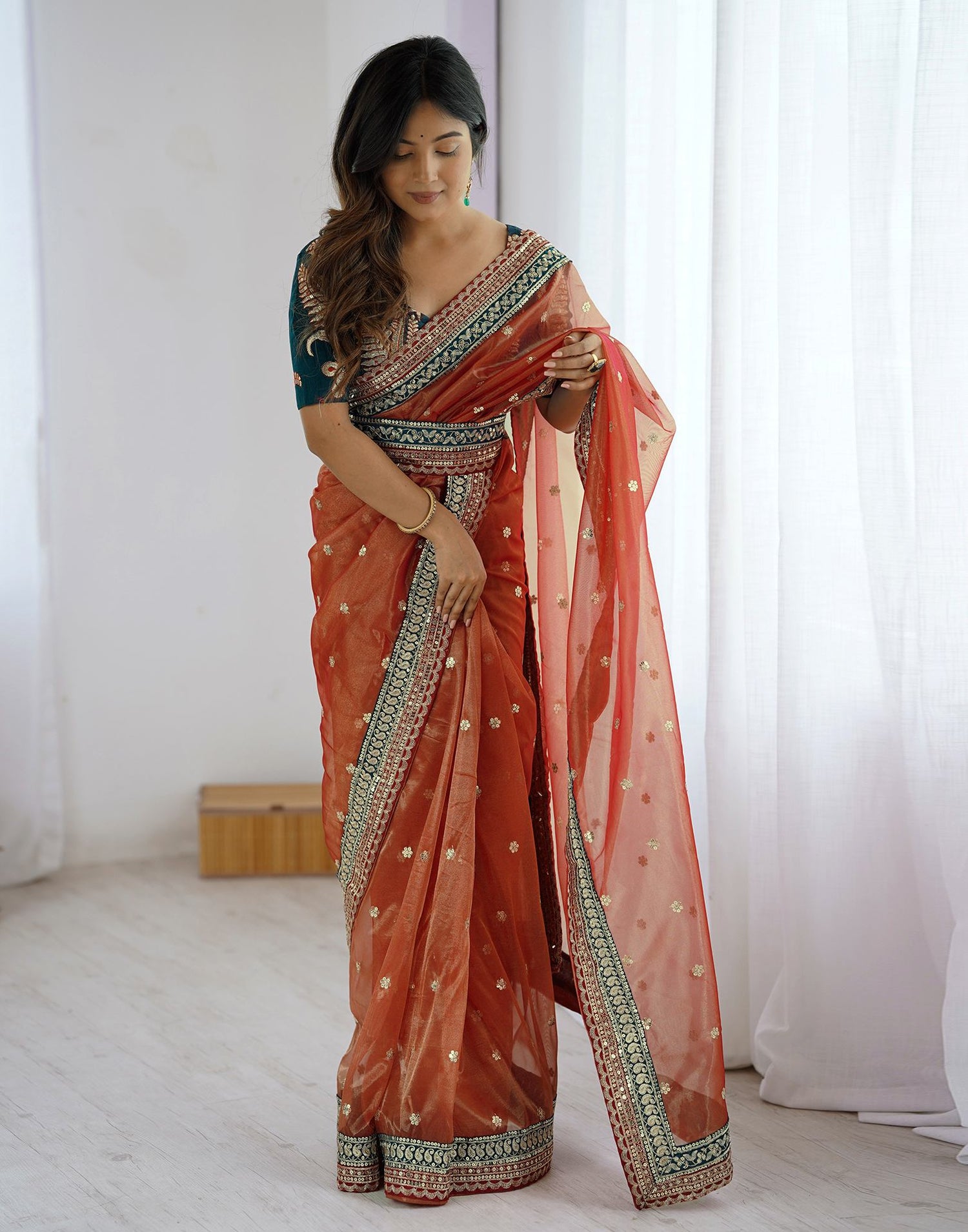 Red Shimmer Net Sequence Saree