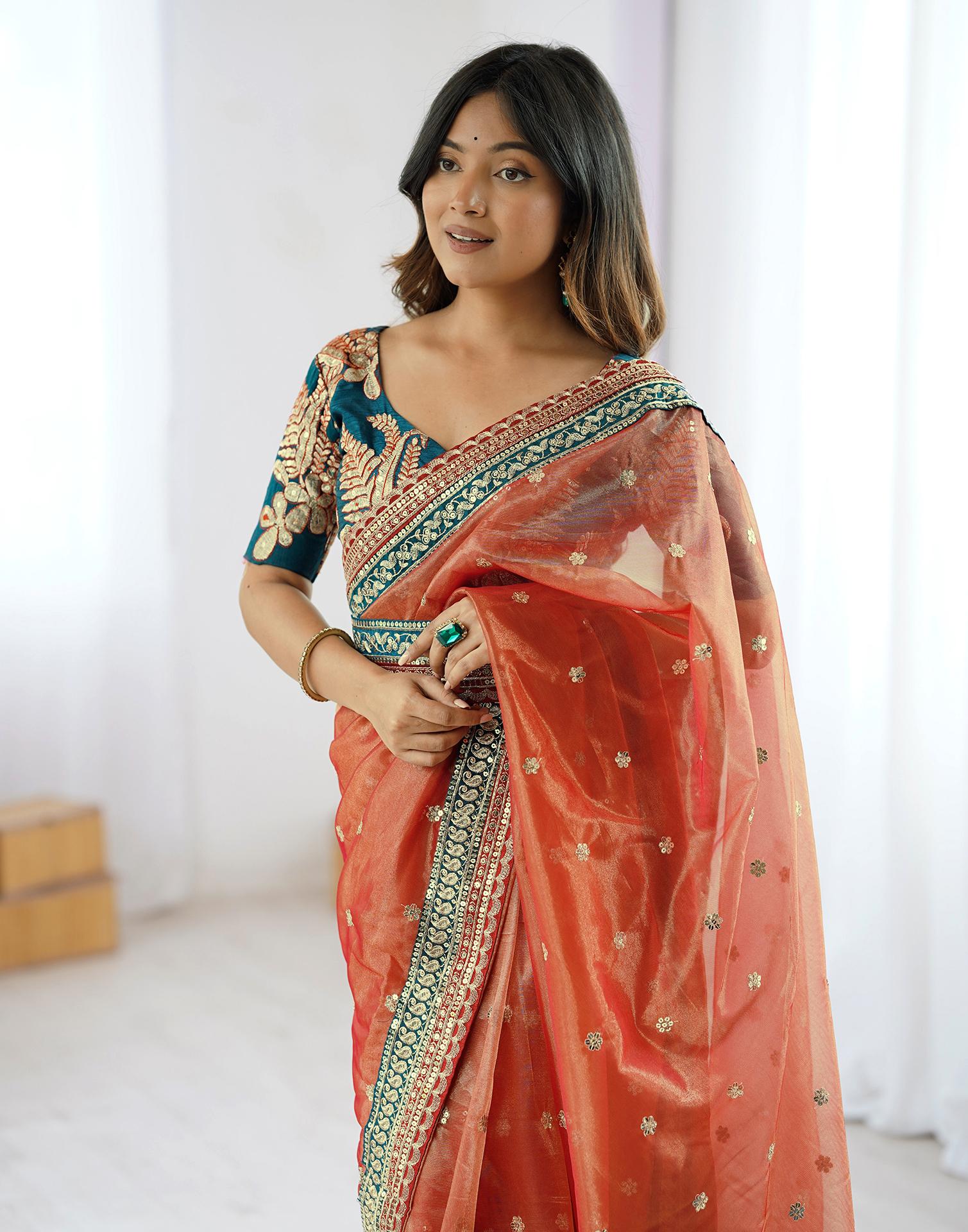 Red Shimmer Net Sequence Saree