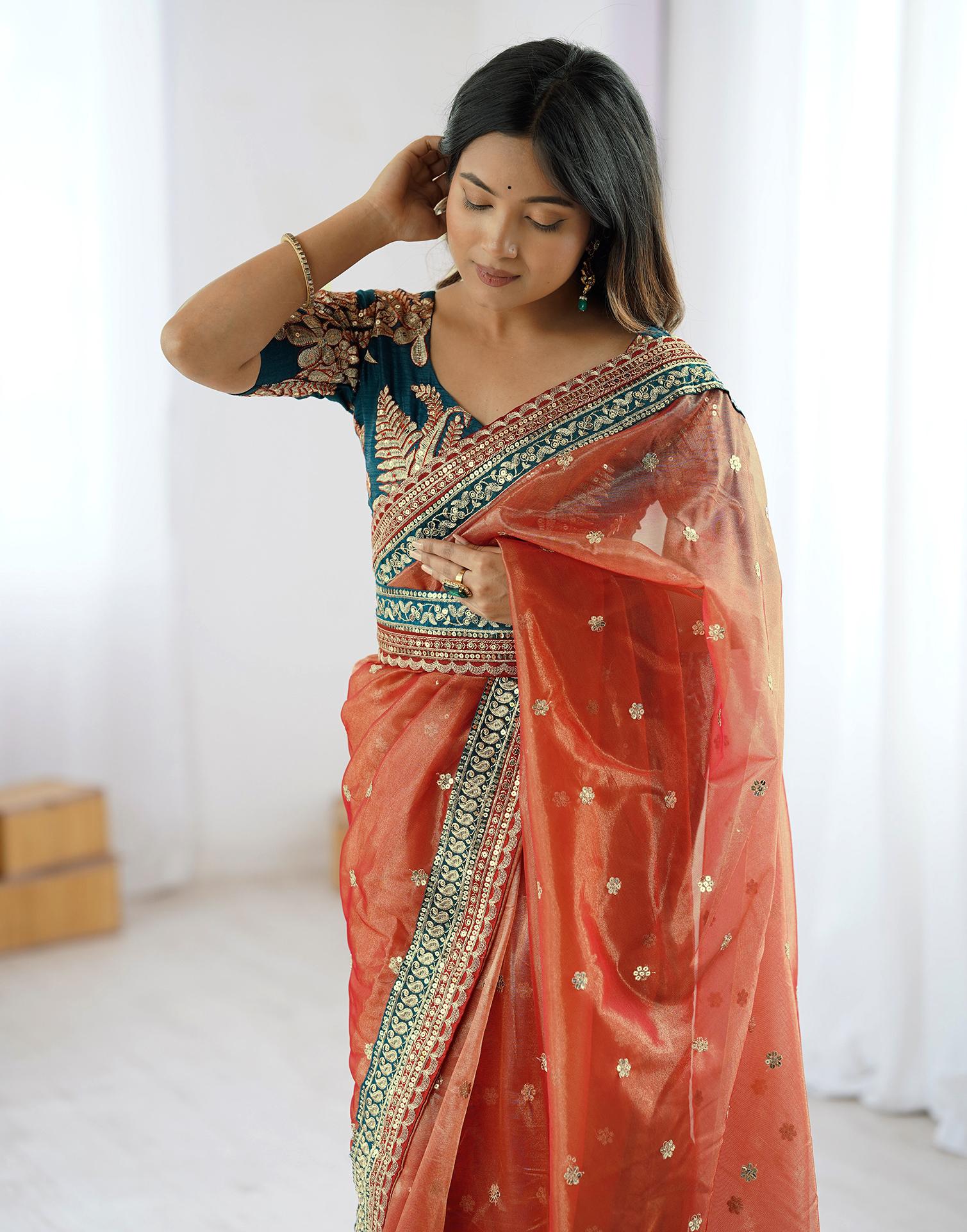 Red Shimmer Net Sequence Saree