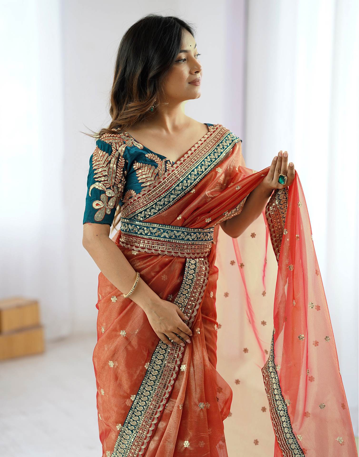 Red Shimmer Net Sequence Saree