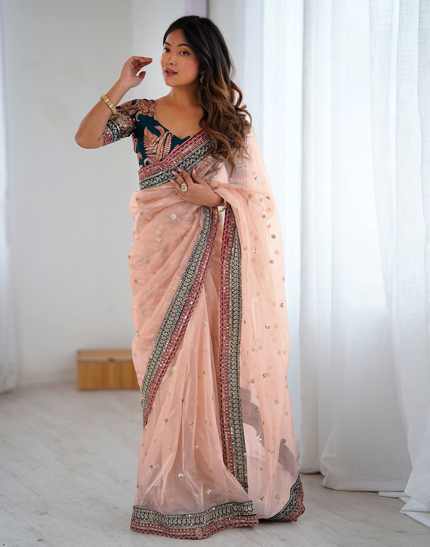 Peach Pink Shimmer Sequence Saree