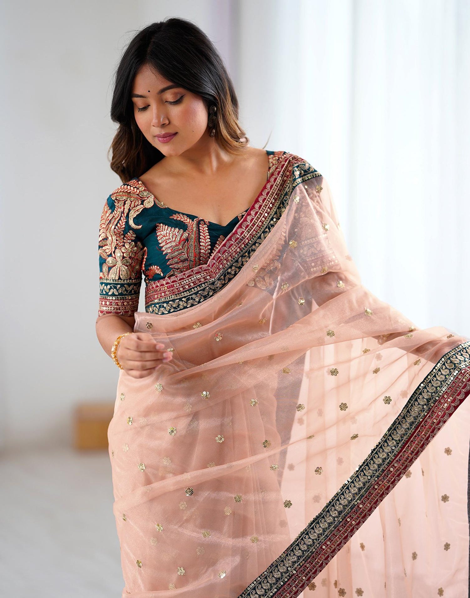 Peach Pink Shimmer Sequence Saree