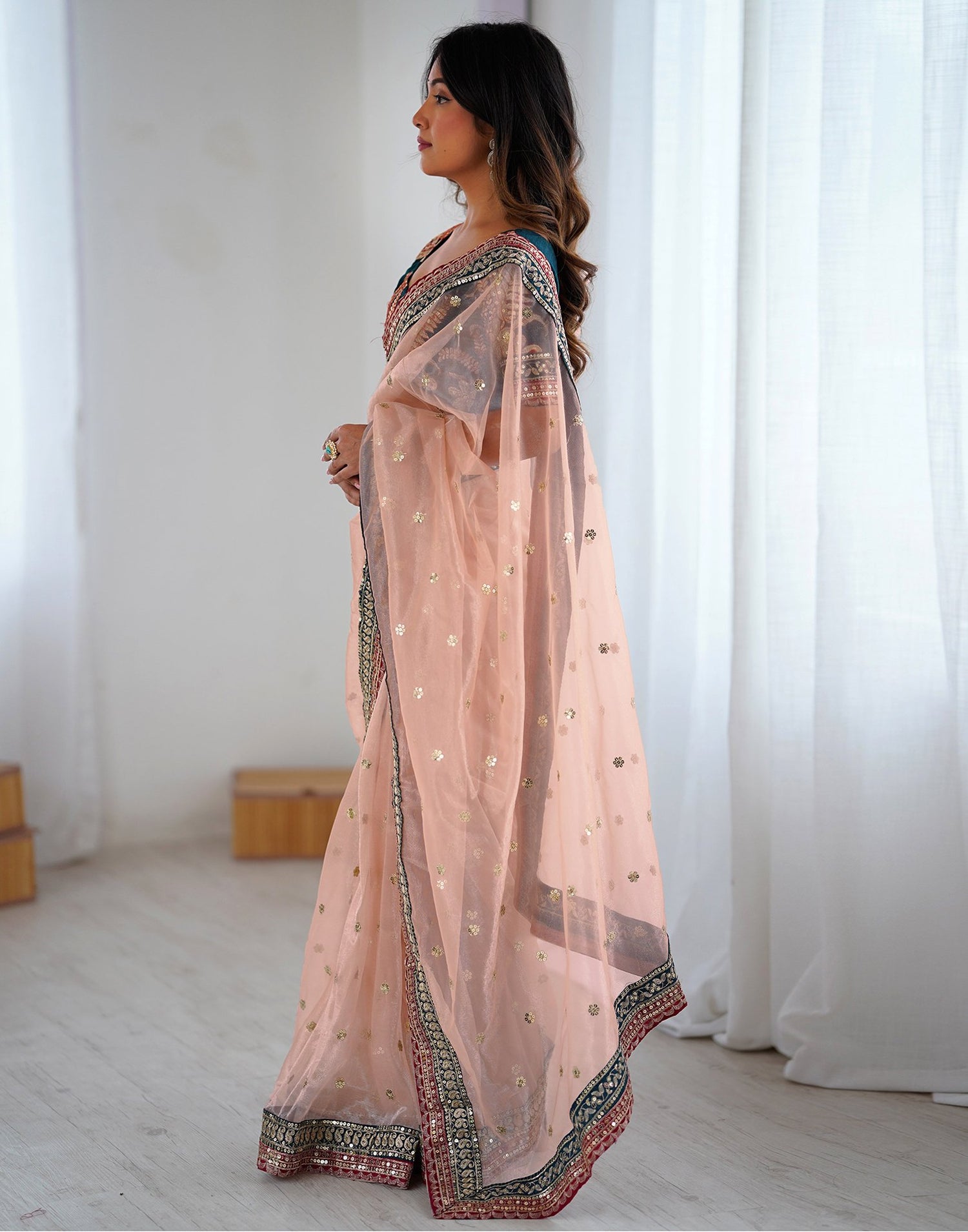 Peach Pink Shimmer Sequence Saree